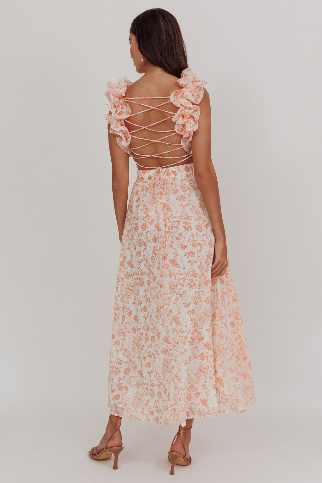 Madara Lace-Up Back Maxi Dress Flowers Orange by Selfie Leslie Australia