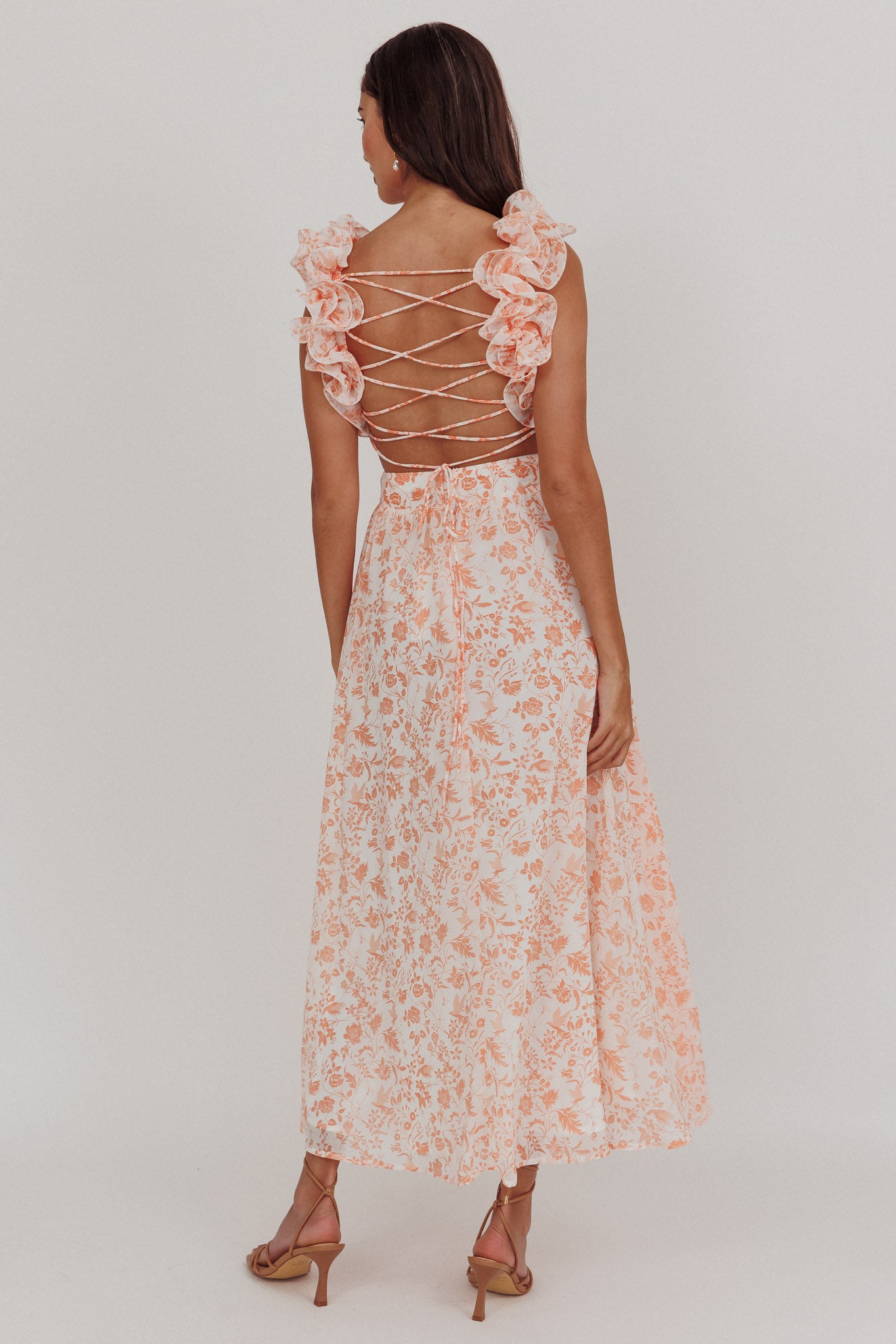 Madara Lace-Up Back Maxi Dress Flowers Orange by Selfie Leslie Australia