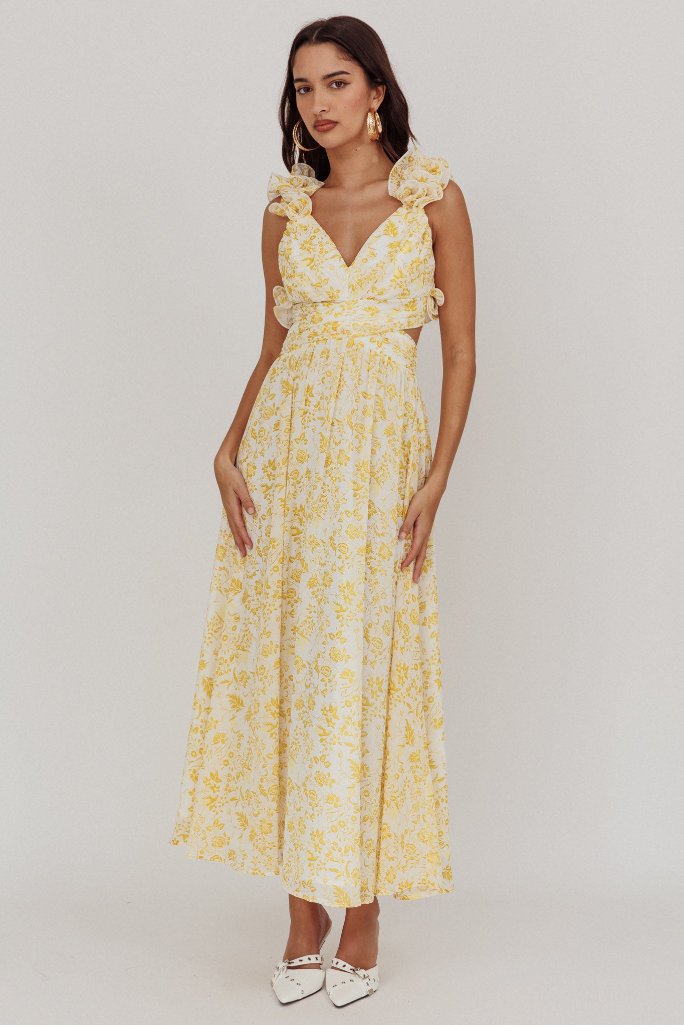 Madara Lace-Up Back Maxi Dress Floral Yellow by Selfie Leslie Australia