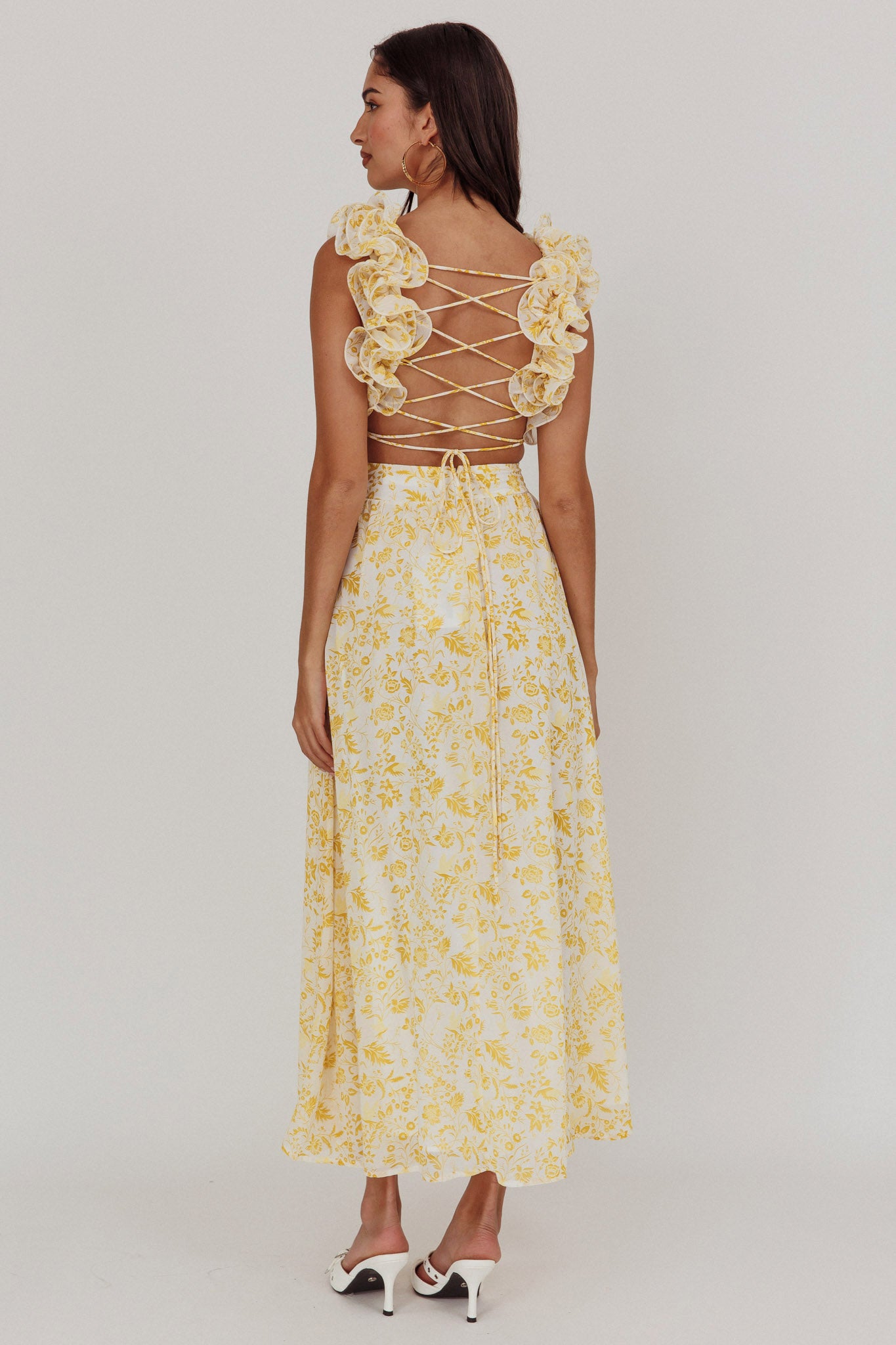Madara Lace-Up Back Maxi Dress Floral Yellow by Selfie Leslie Australia