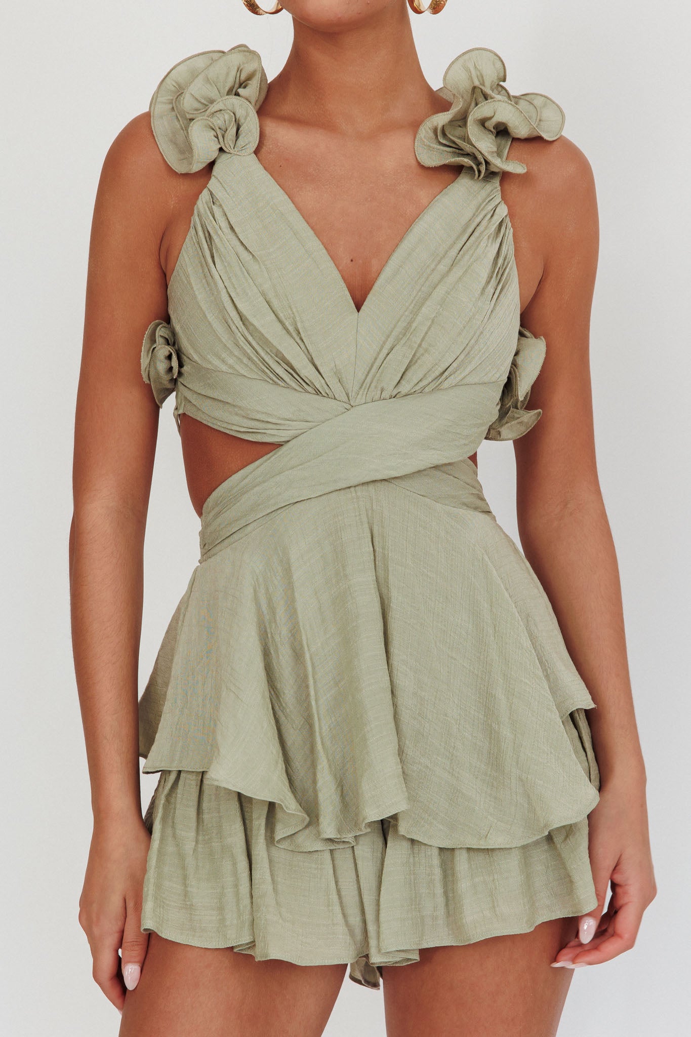 Madara Lace-Up Back Romper Sage by Selfie Leslie Australia