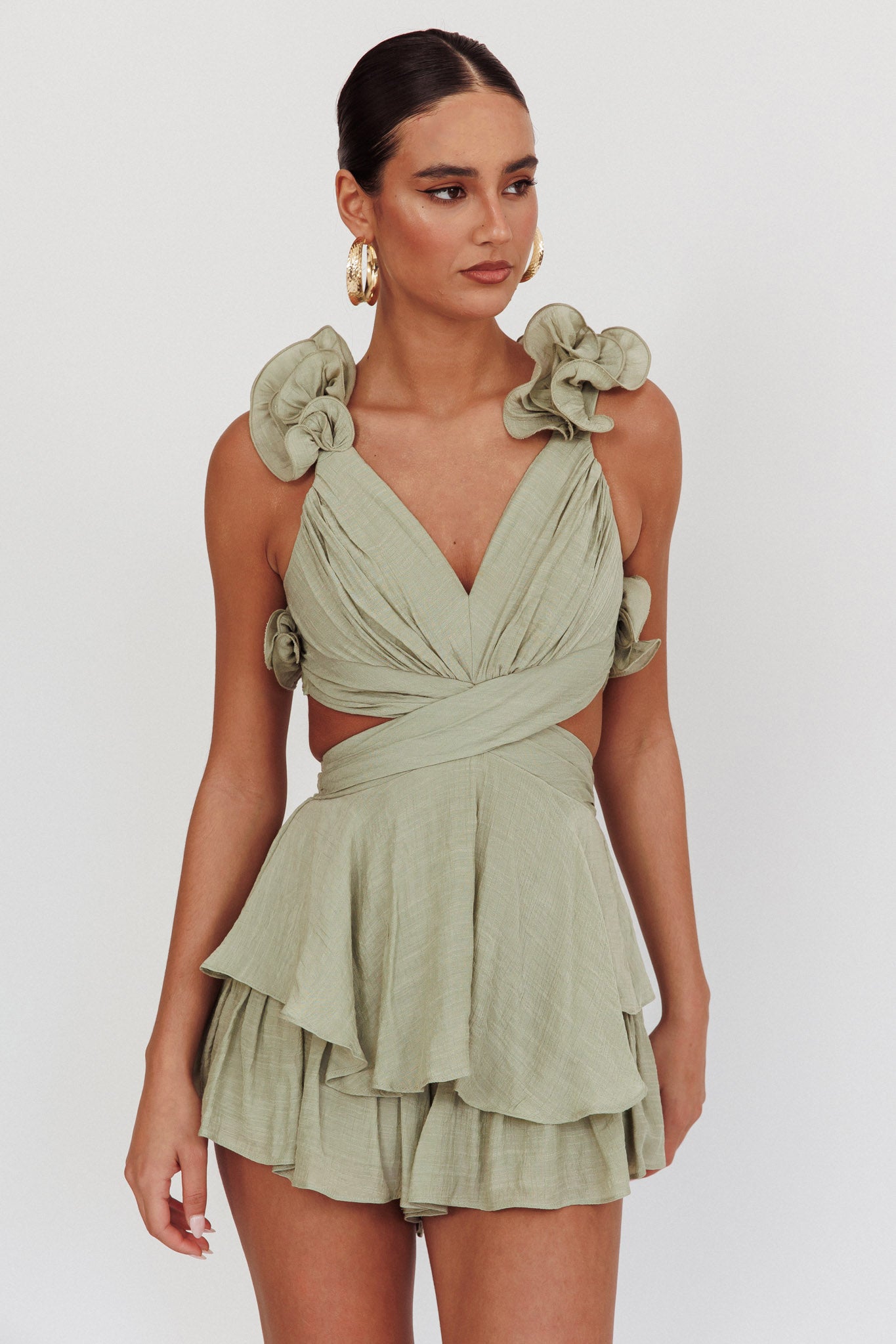 Madara Lace-Up Back Romper Sage by Selfie Leslie Australia