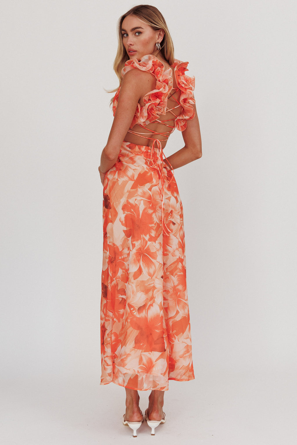 Madara Lace-Up Back Maxi Dress Orange by Selfie Leslie Australia
