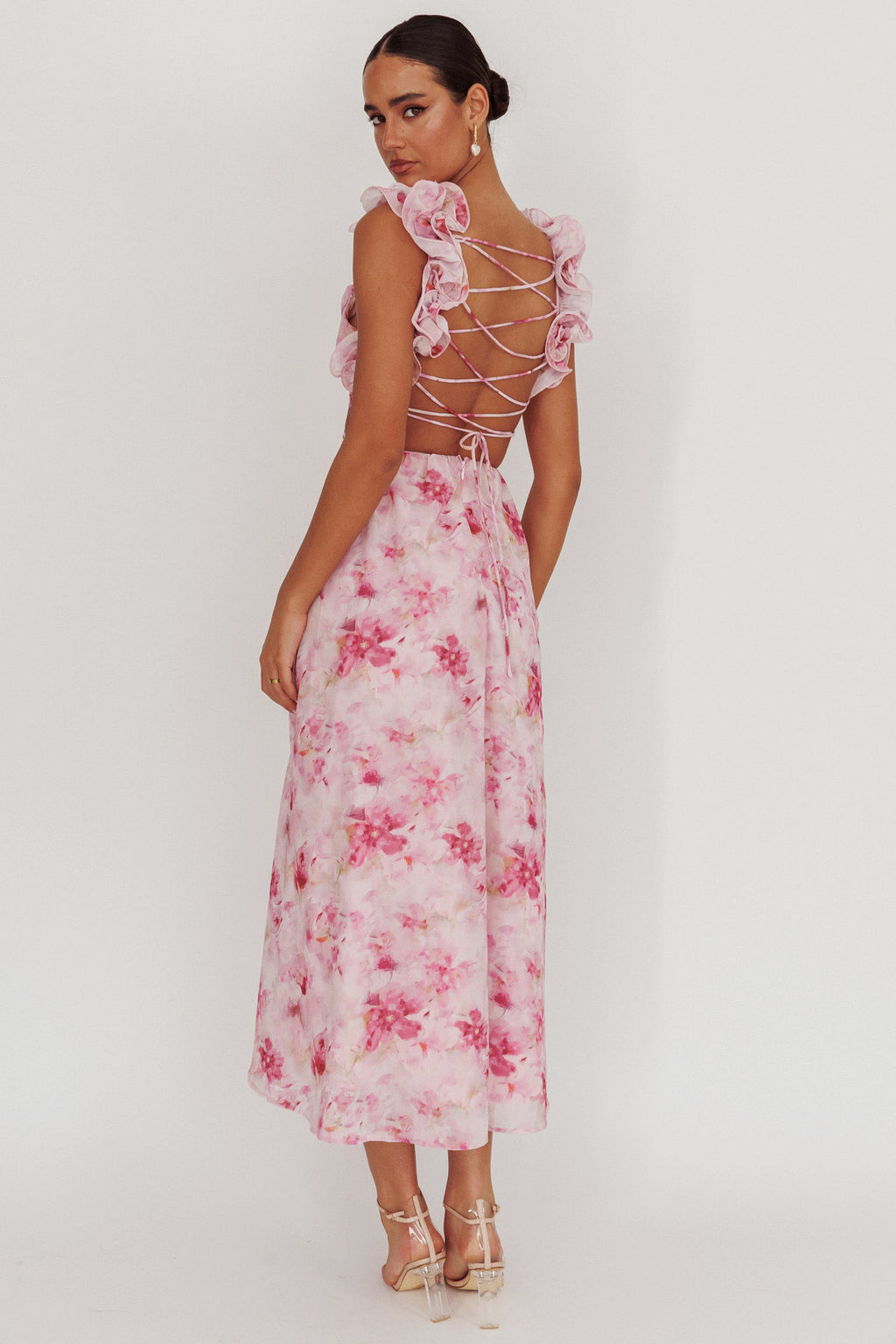 Madara Lace-Up Back Floral Maxi Dress Lilac by Selfie Leslie Australia