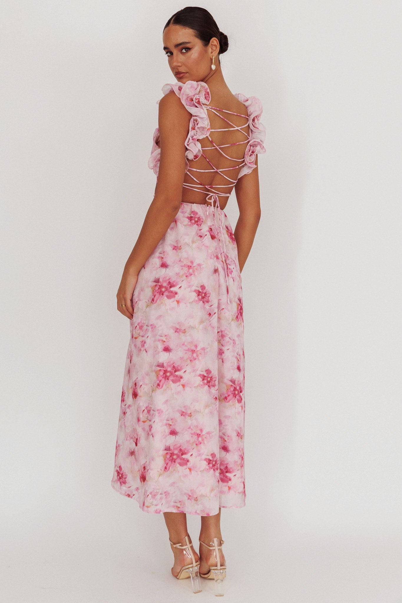 Madara Lace-Up Back Floral Maxi Dress Lilac by Selfie Leslie Australia