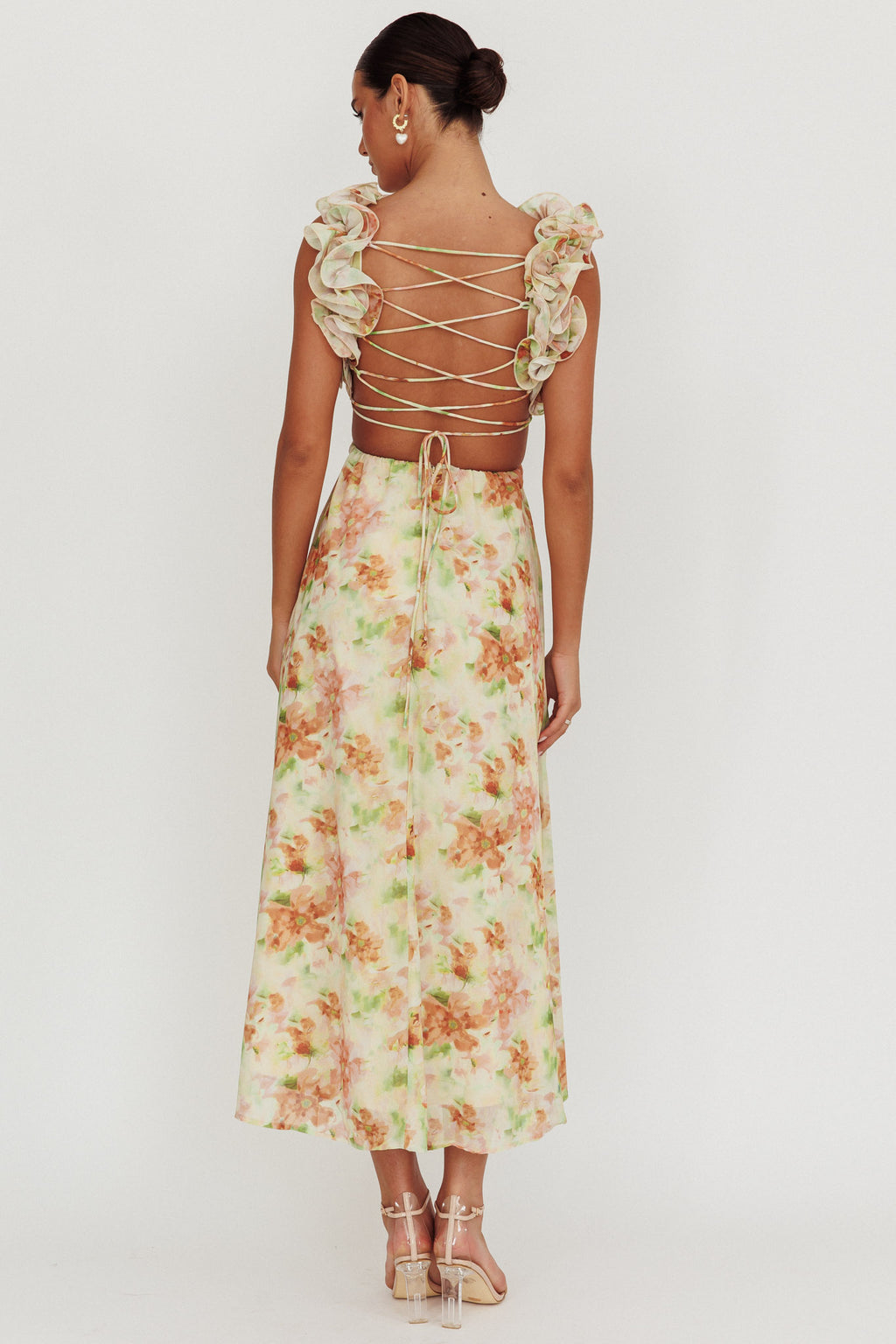 Madara Lace-Up Back Floral Maxi Dress Orange by Selfie Leslie Australia