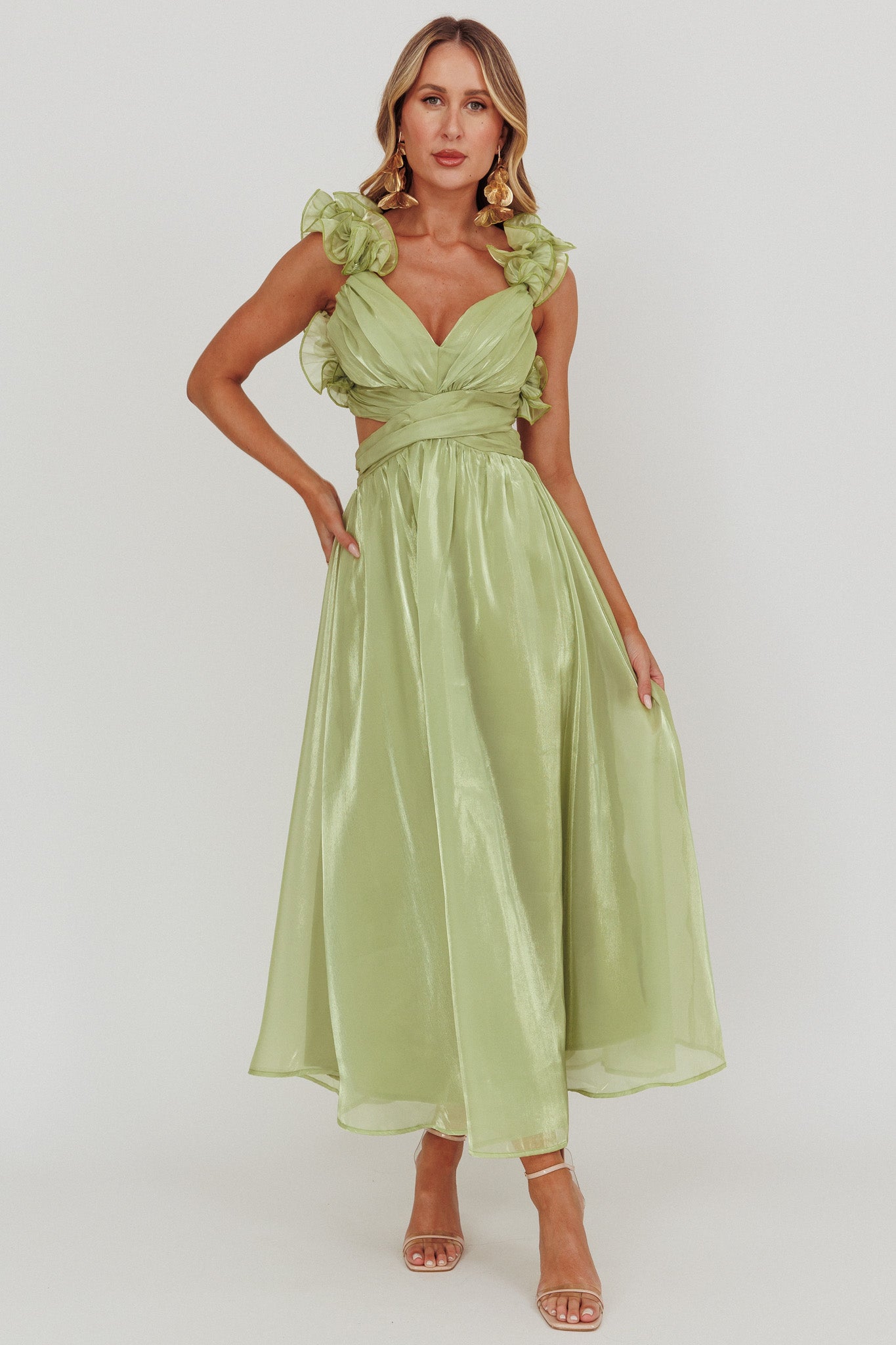 Madara Lace-Up Back Maxi Dress Sage by Selfie Leslie Australia