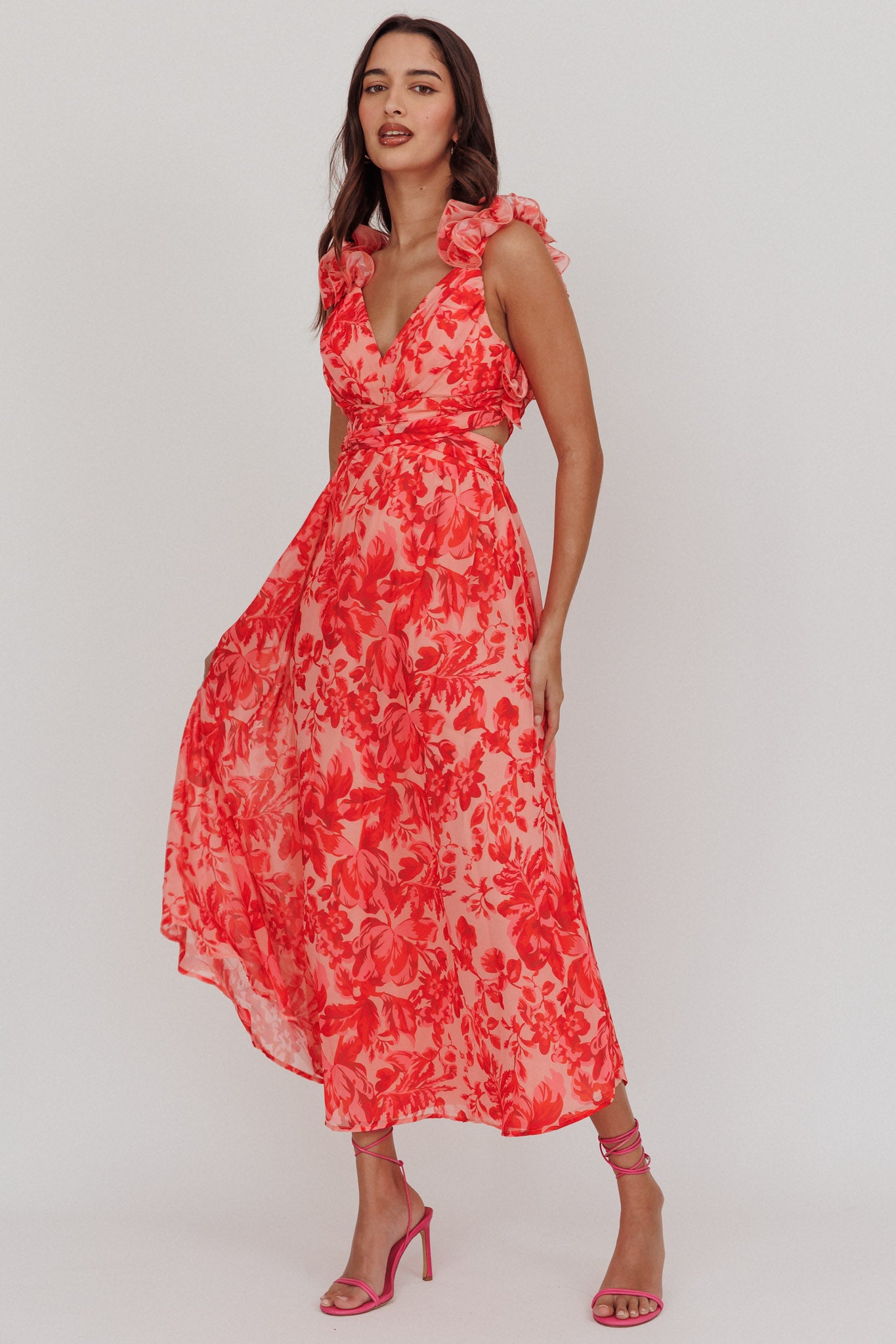 Madara Lace-Up Back Maxi Dress Floral Red by Selfie Leslie Australia