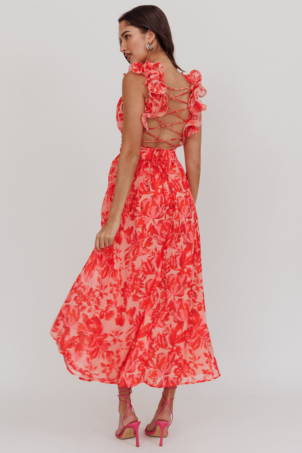 Madara Lace-Up Back Maxi Dress Floral Red by Selfie Leslie Australia