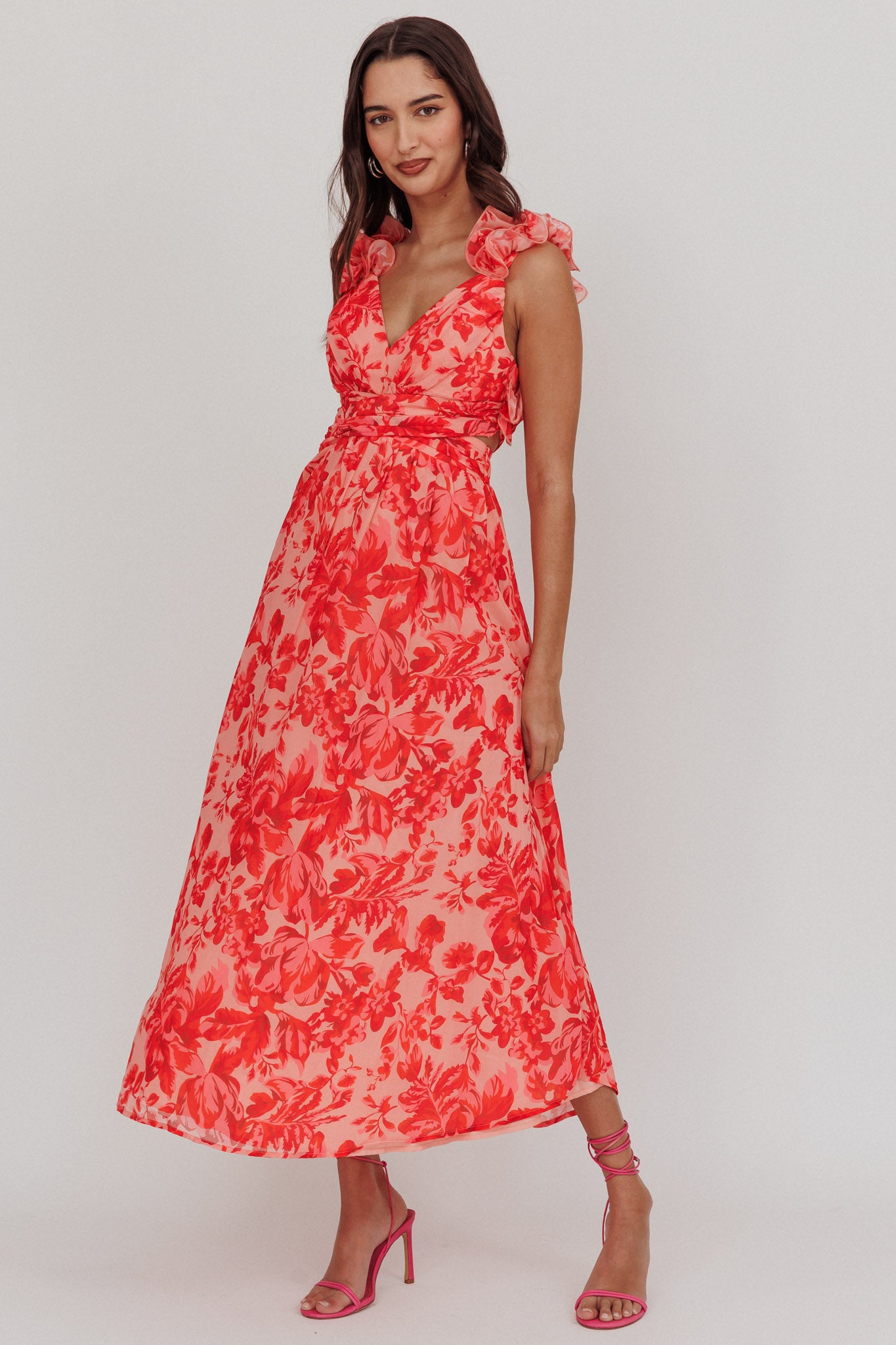 Madara Lace-Up Back Maxi Dress Floral Red | Selfie Leslie Australia