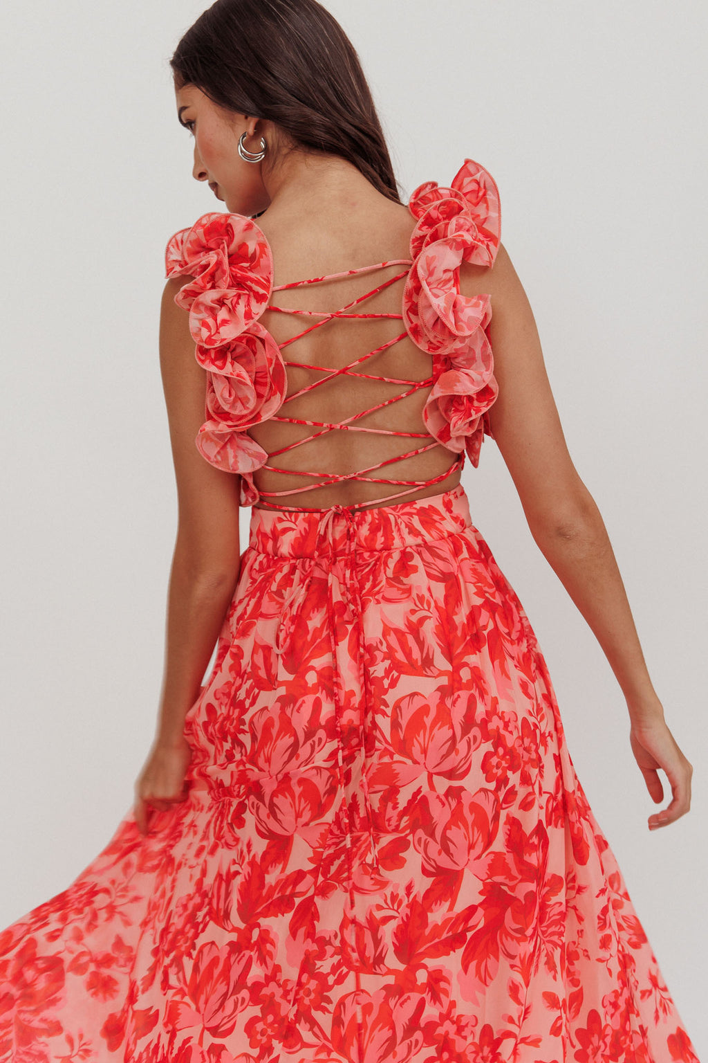 Madara Lace-Up Back Maxi Dress Floral Red by Selfie Leslie Australia