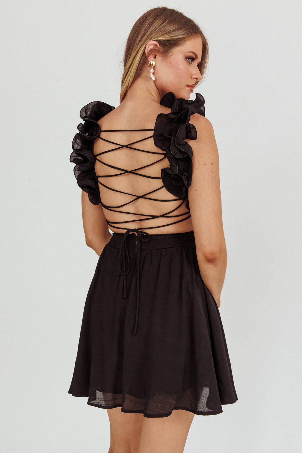 Madara Lace-Up Back Mini Dress Black by Selfie Leslie Australia