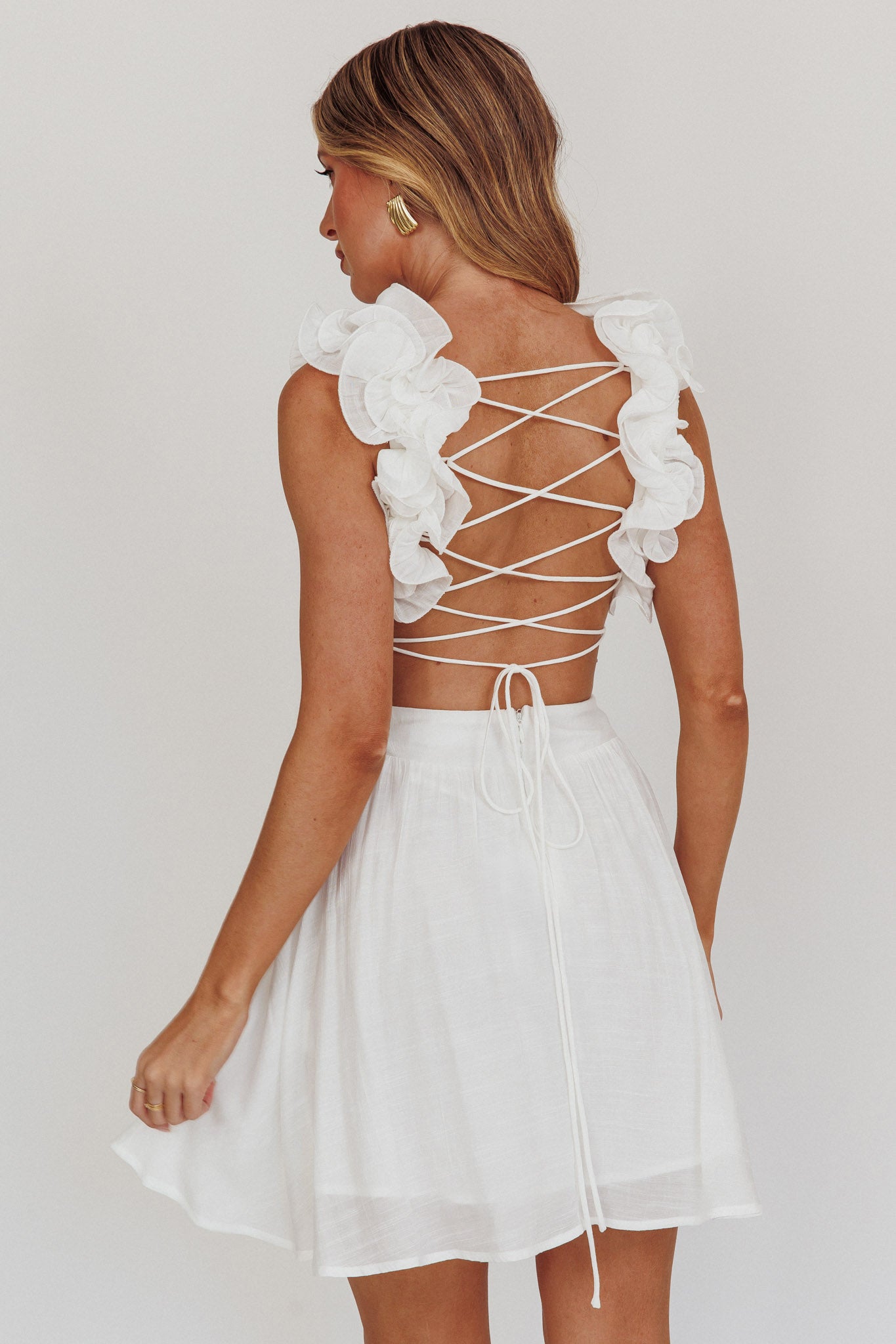 Madara Lace-Up Back Mini Dress White by Selfie Leslie Australia