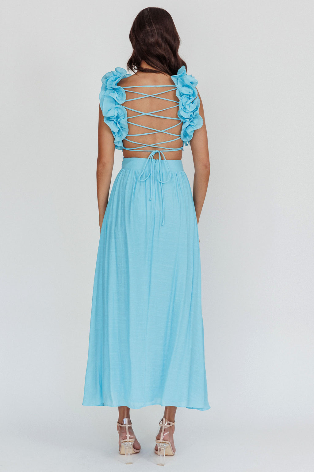 Madara Laced Back Ruffle Dress Blue by Selfie Leslie Australia