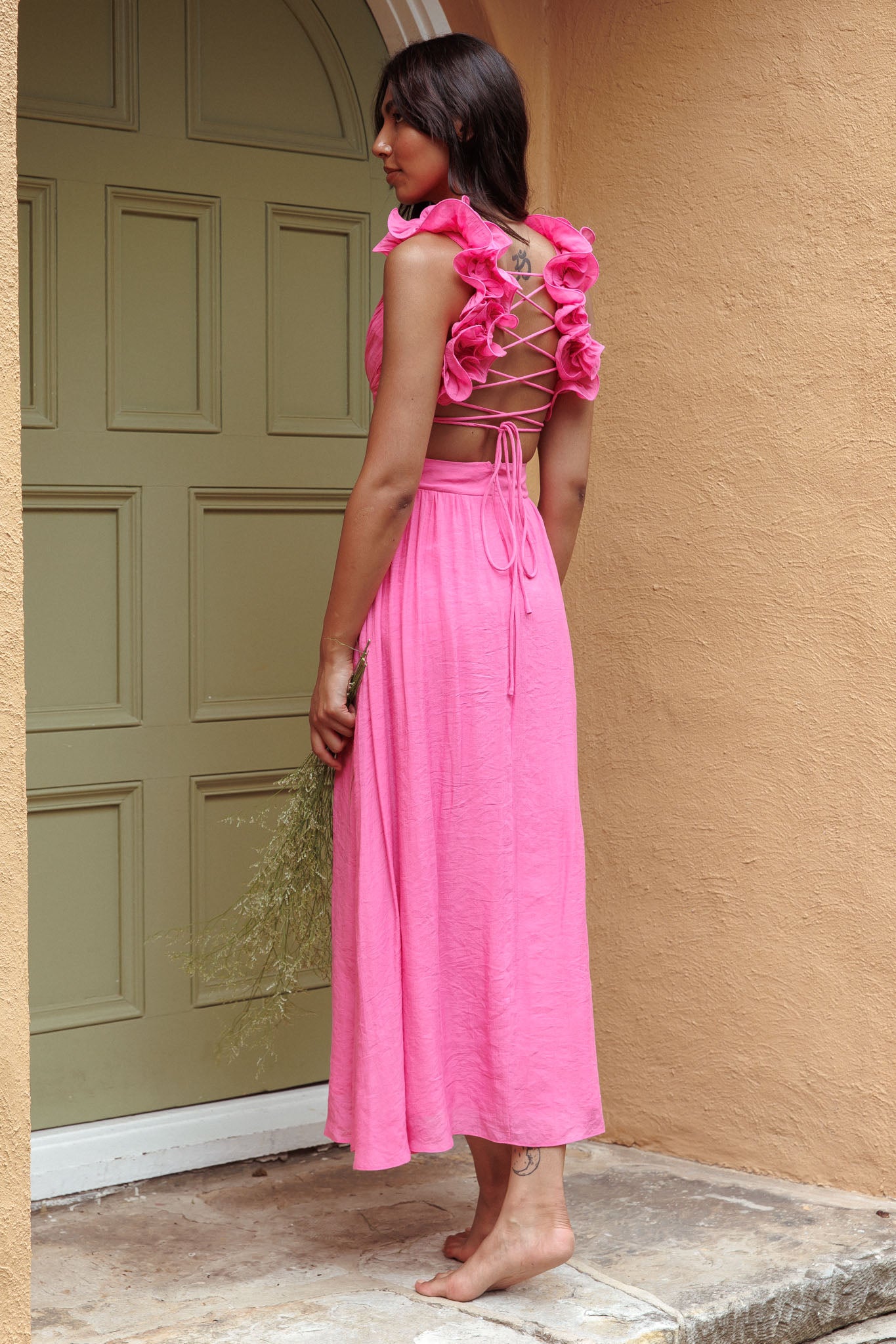 Madara Laced Back Ruffle Dress Hot Pink by Selfie Leslie Australia