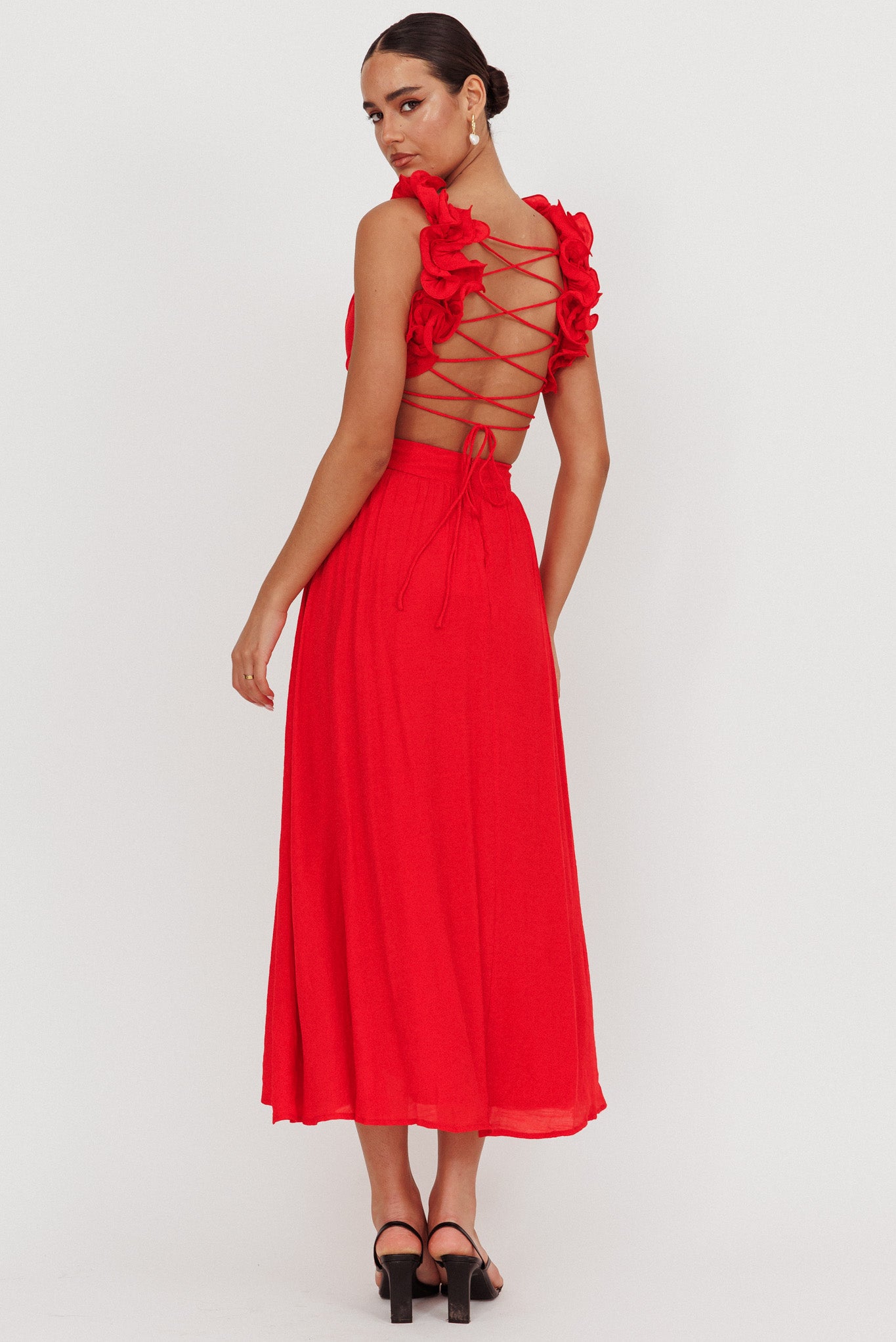 Madara Laced Back Ruffle Dress Red by Selfie Leslie Australia