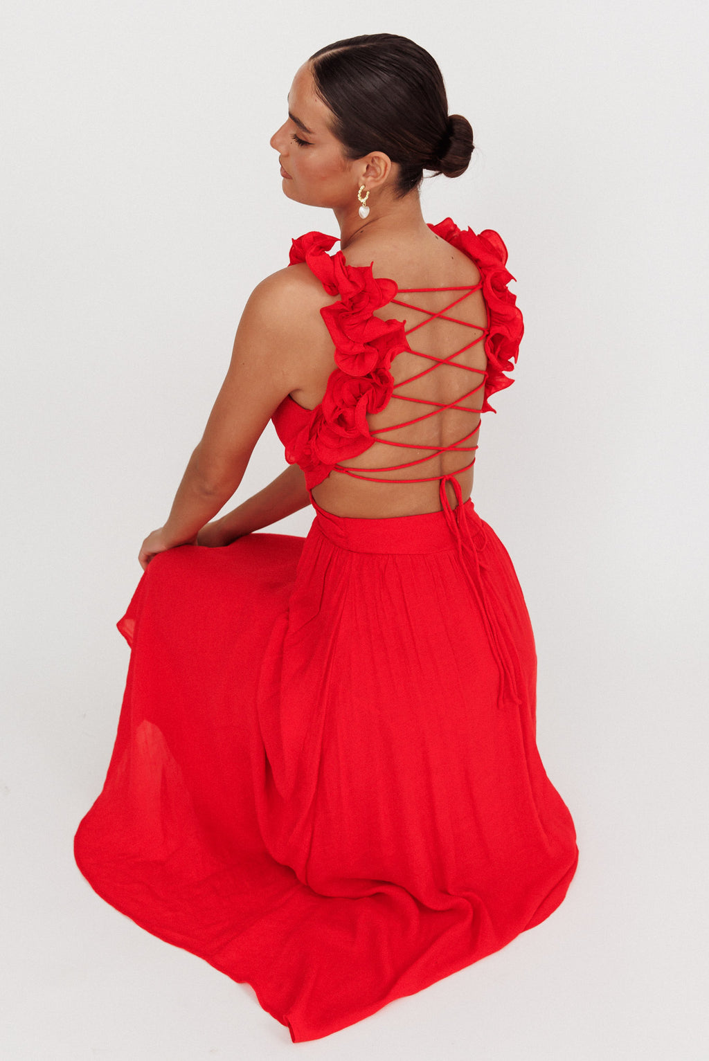 Madara Laced Back Ruffle Dress Red by Selfie Leslie Australia
