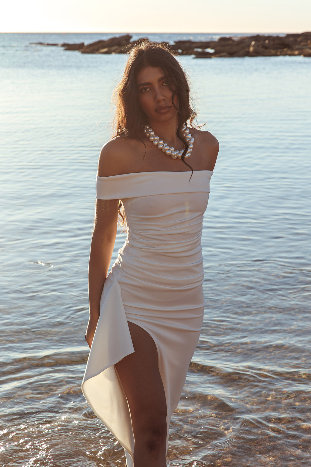 Cha Cha Off Shoulder Thigh Split Maxi Dress Off White by Selfie Leslie Australia