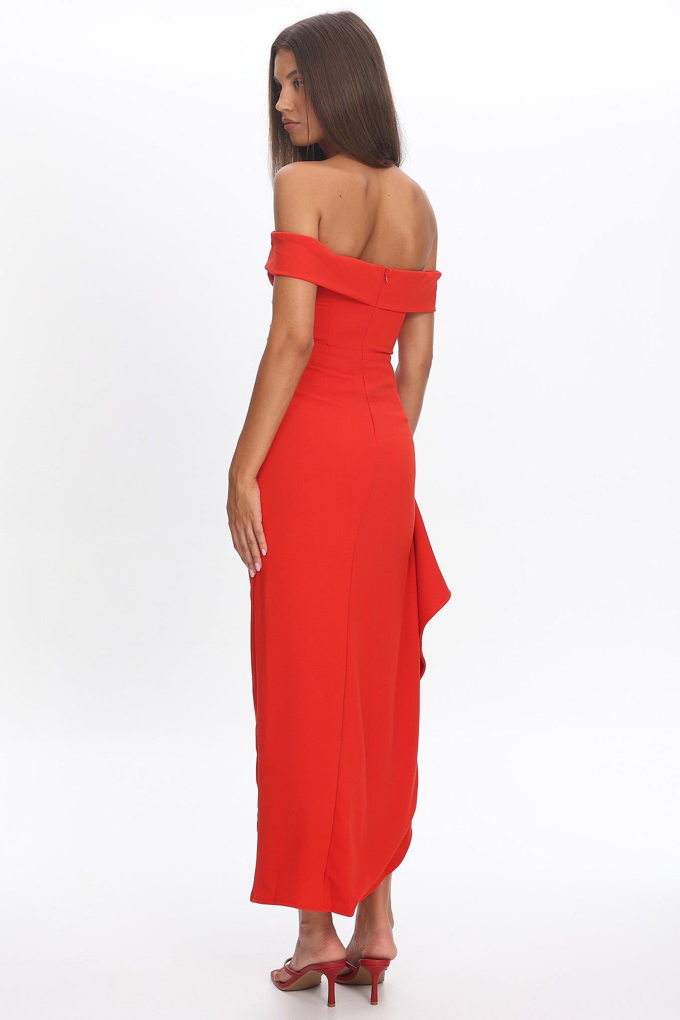 Cha Cha Off Shoulder Thigh Split Maxi Dress Red by Selfie Leslie Australia