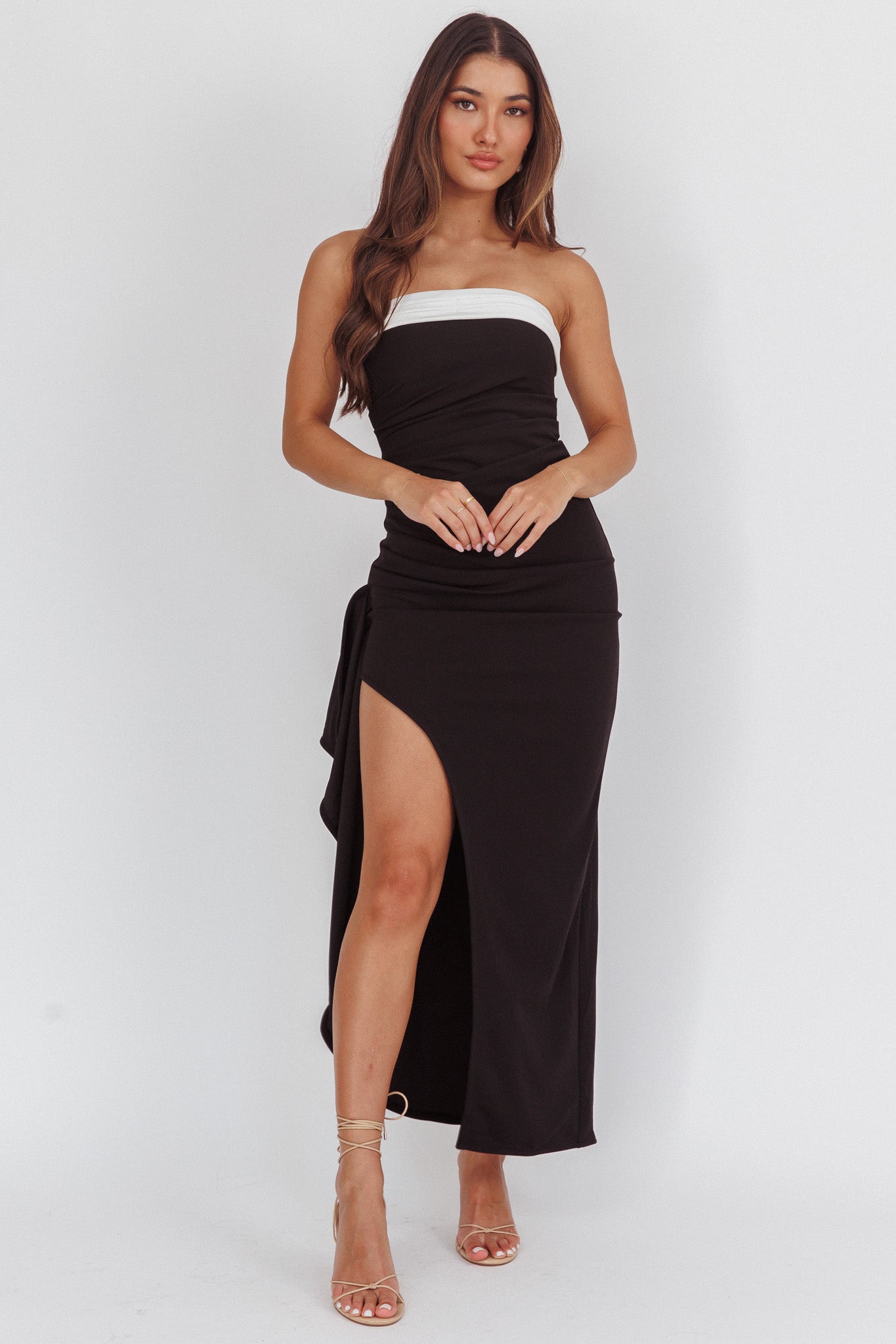 Cha Cha Strapless Thigh Split Dress Contrast Black by Selfie Leslie Australia