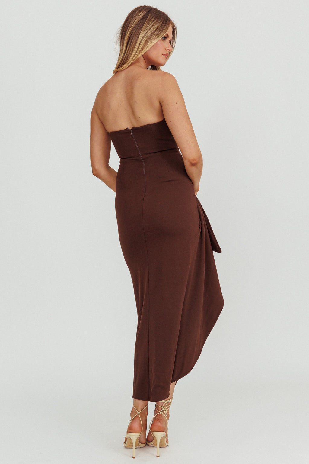 Cha Cha Strapless Thigh Split Dress Chocolate by Selfie Leslie Australia
