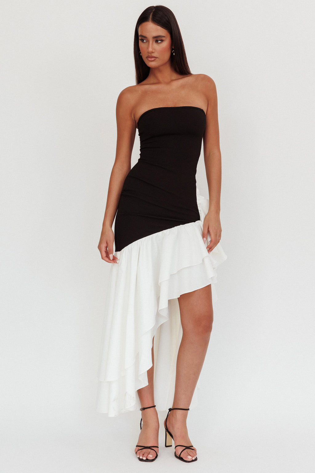 Cha Cha Strapless Thigh Split Dress Black/White by Selfie Leslie Australia