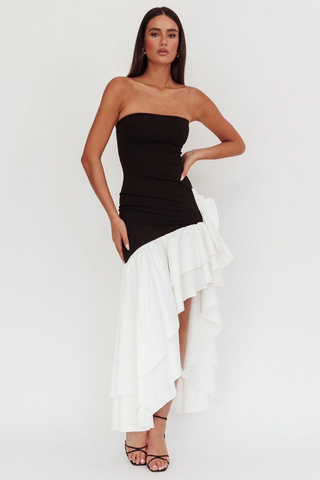 Cha Cha Strapless Thigh Split Dress Black/White by Selfie Leslie Australia