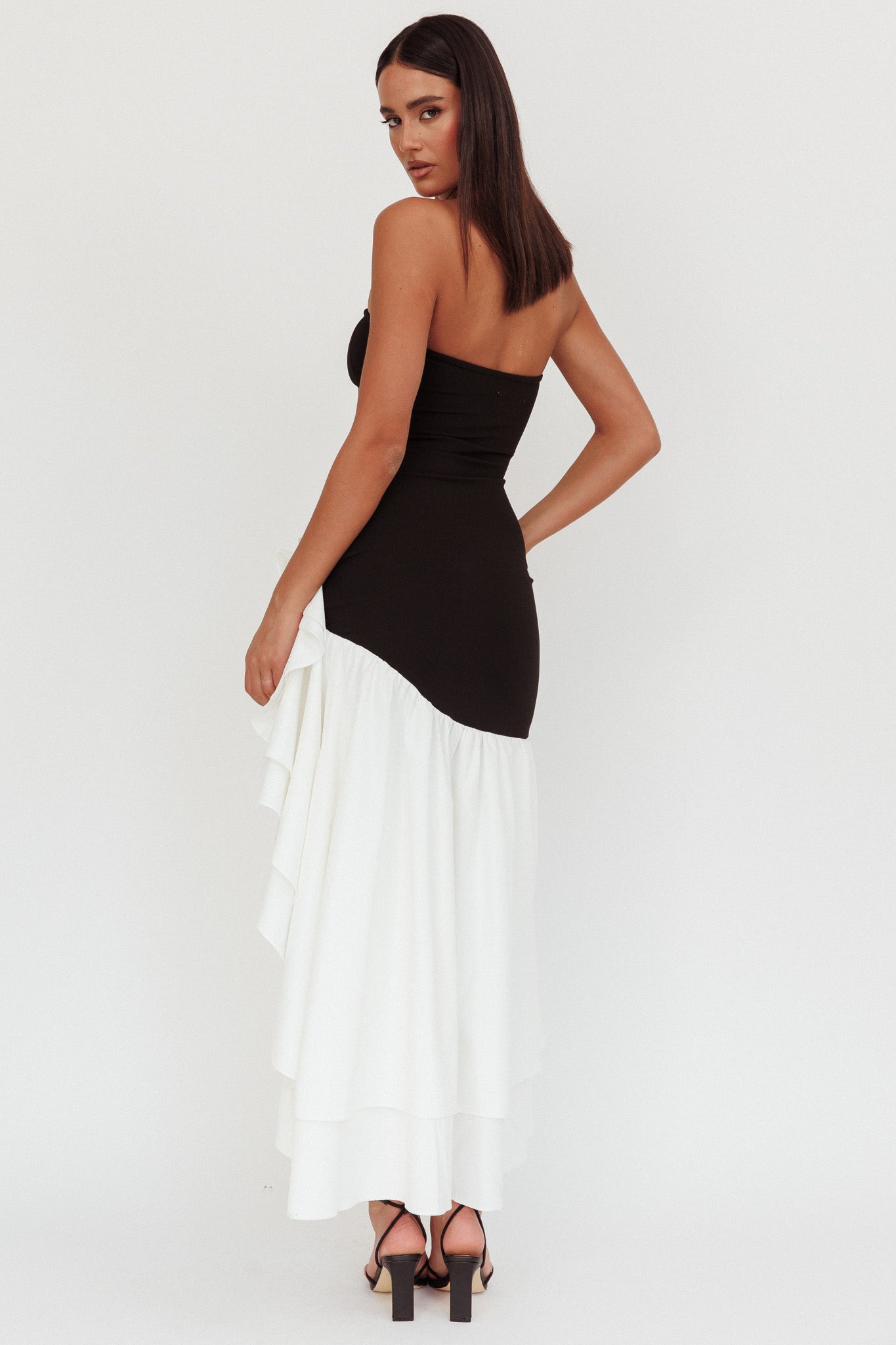 Cha Cha Strapless Thigh Split Dress Black/White by Selfie Leslie Australia