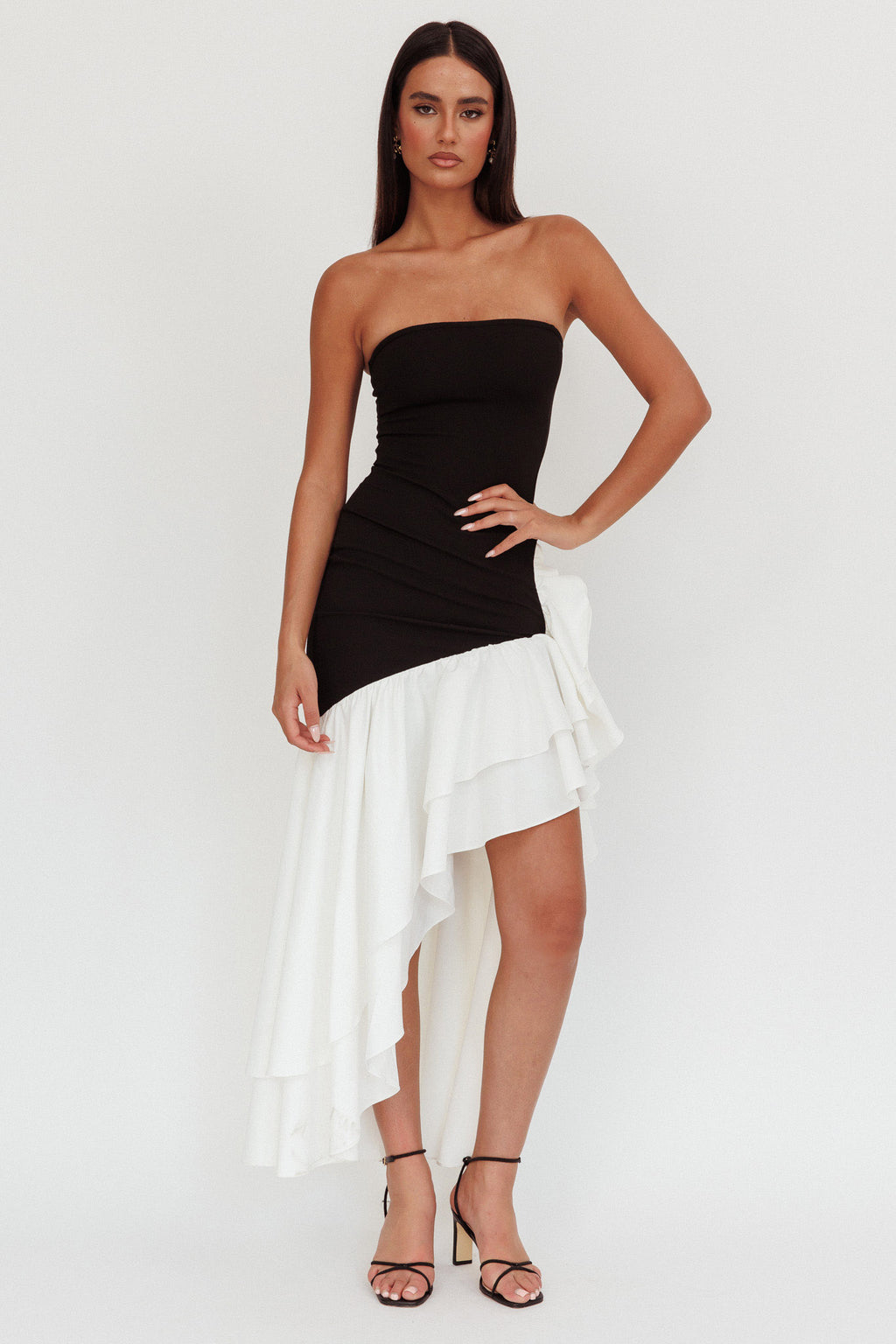 Cha Cha Strapless Thigh Split Dress Black/White by Selfie Leslie Australia