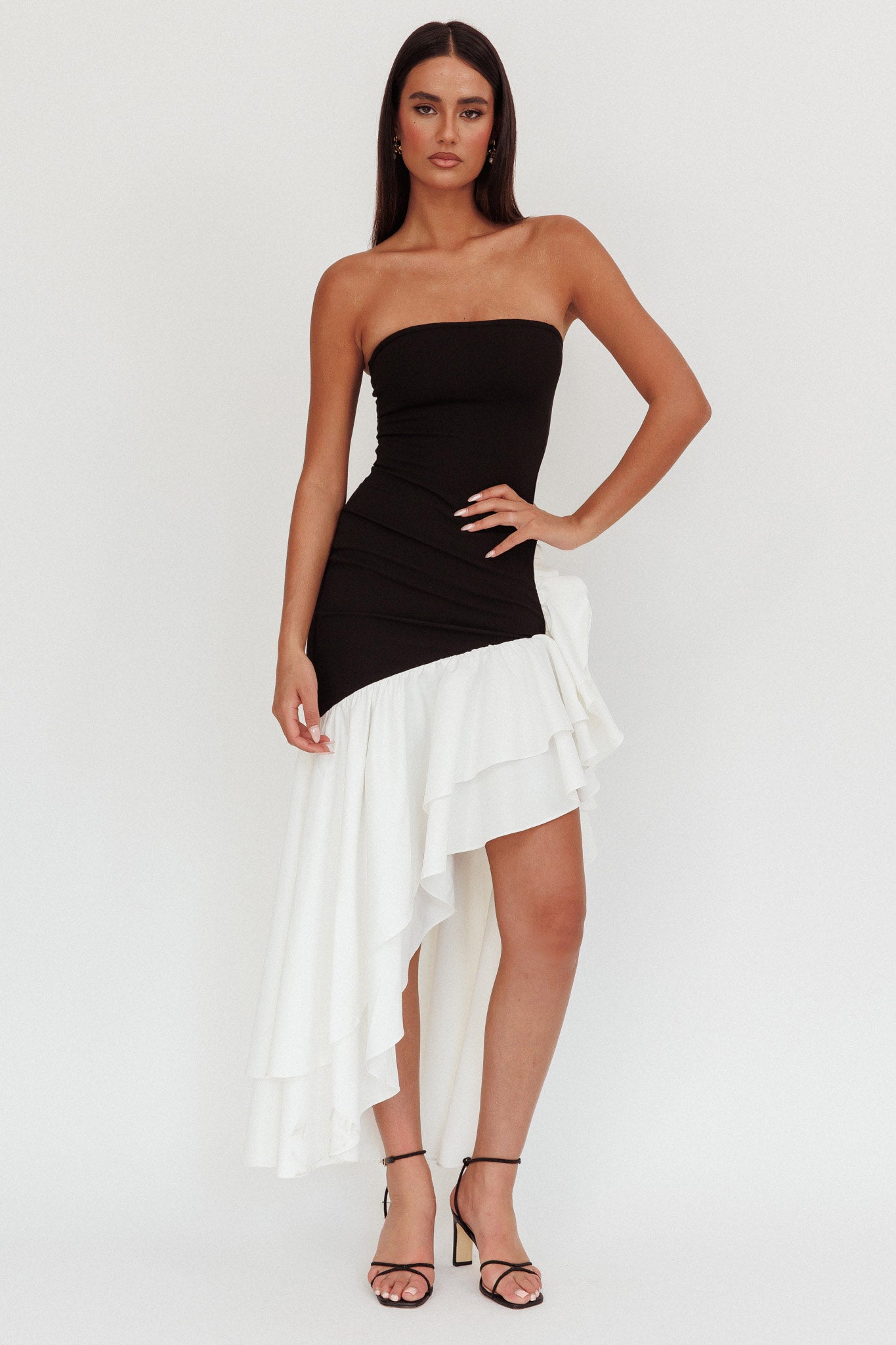 Cha Cha Strapless Thigh Split Dress Black/White by Selfie Leslie Australia