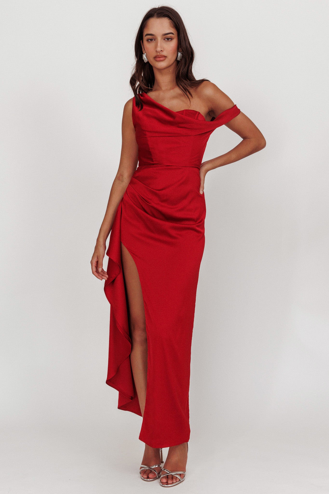 Sensations Off Shoulder Satin Maxi Dress Red by Selfie Leslie Australia