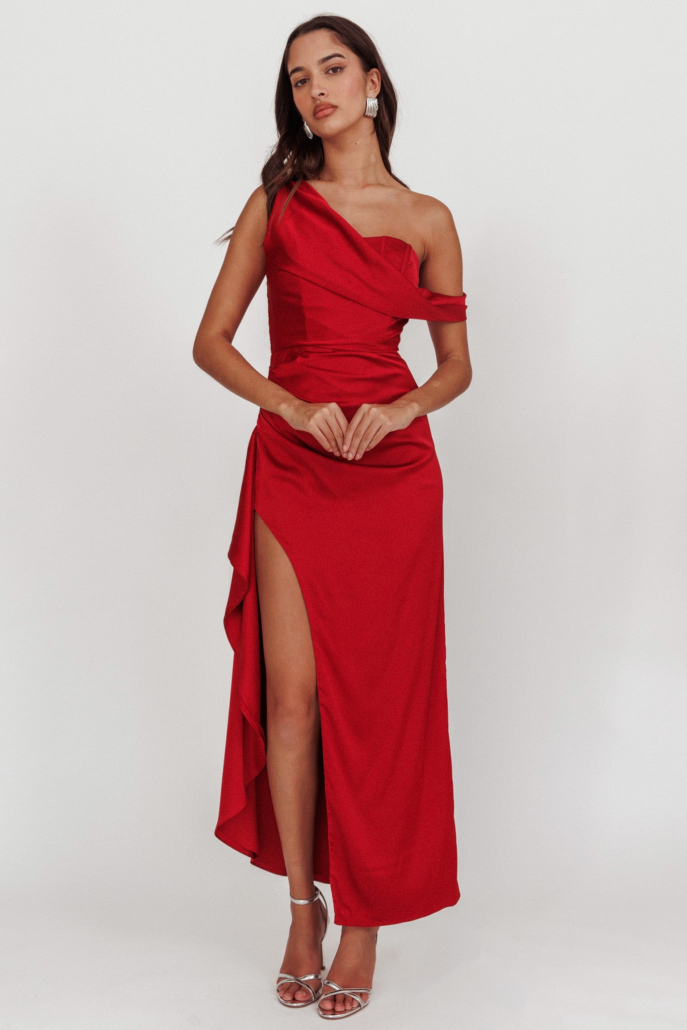 Sensations Off Shoulder Satin Maxi Dress Red by Selfie Leslie Australia