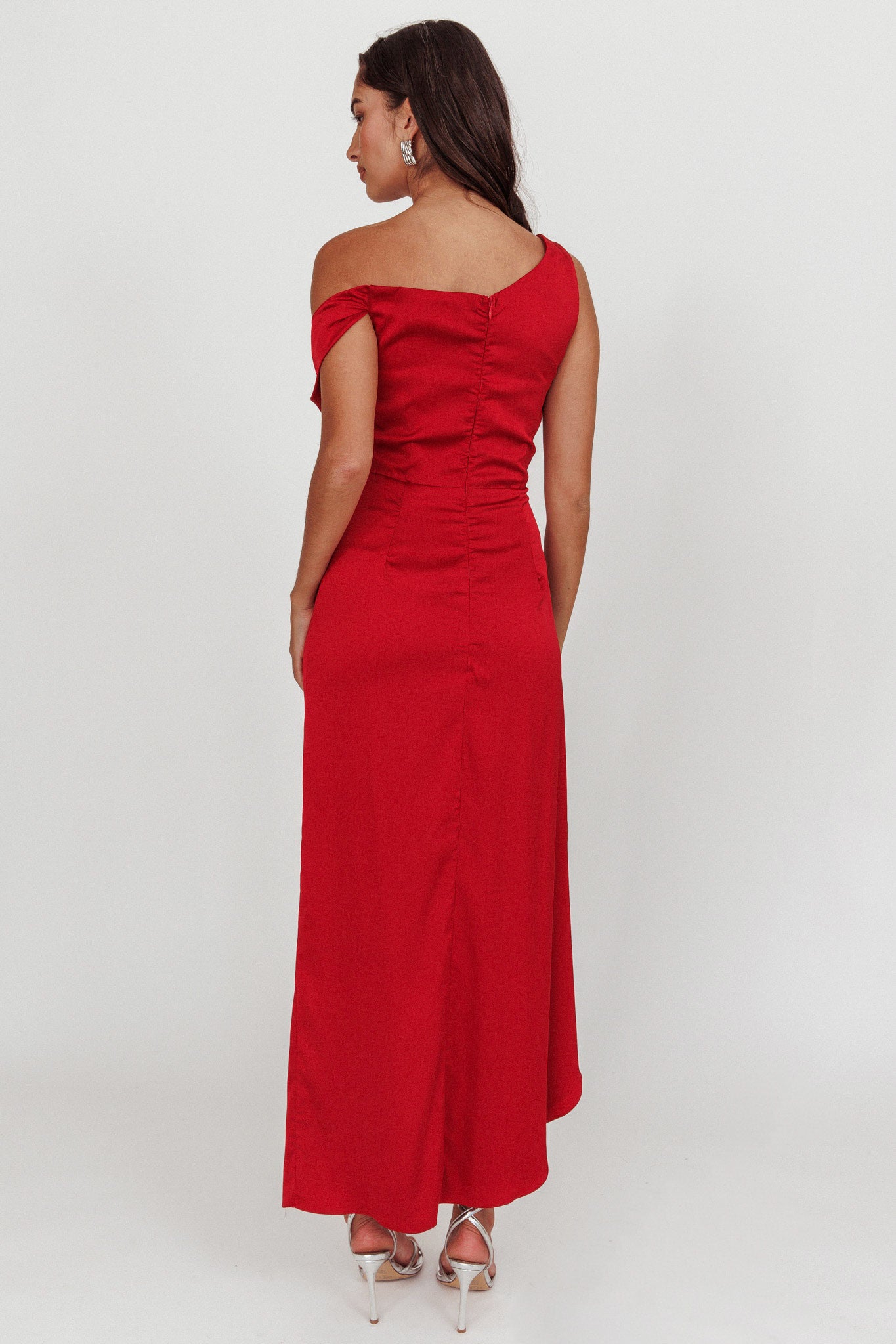 Sensations Off Shoulder Satin Maxi Dress Red by Selfie Leslie Australia