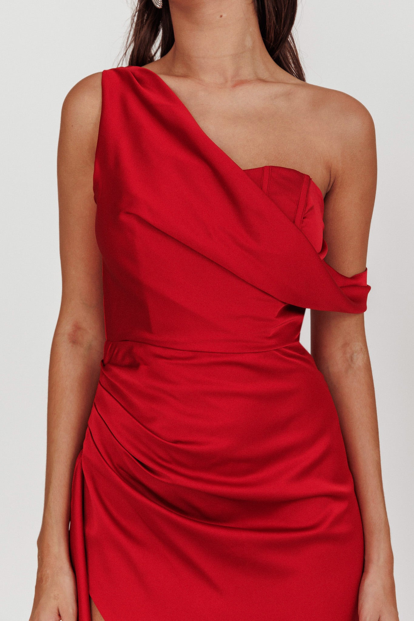 Sensations Off Shoulder Satin Maxi Dress Red by Selfie Leslie Australia