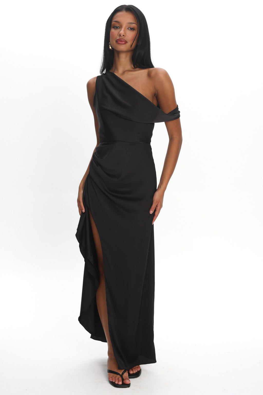 Sensations Off Shoulder Satin Maxi Dress Black by Selfie Leslie Australia