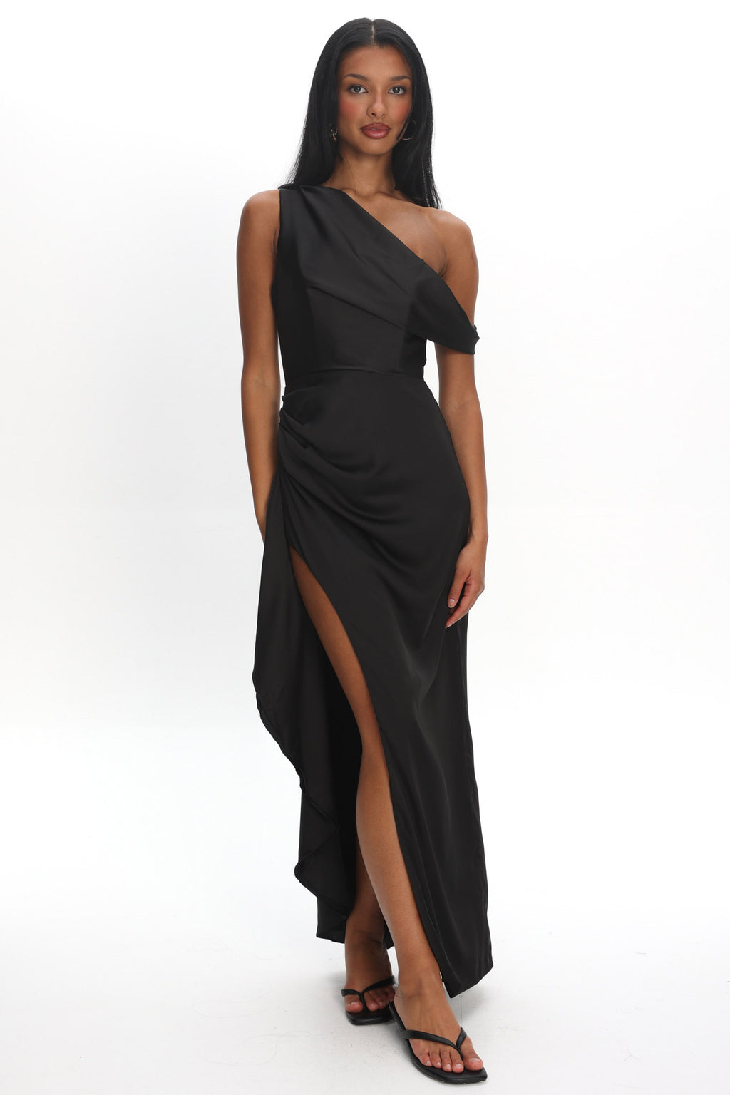 Sensations Off Shoulder Satin Maxi Dress Black by Selfie Leslie Australia