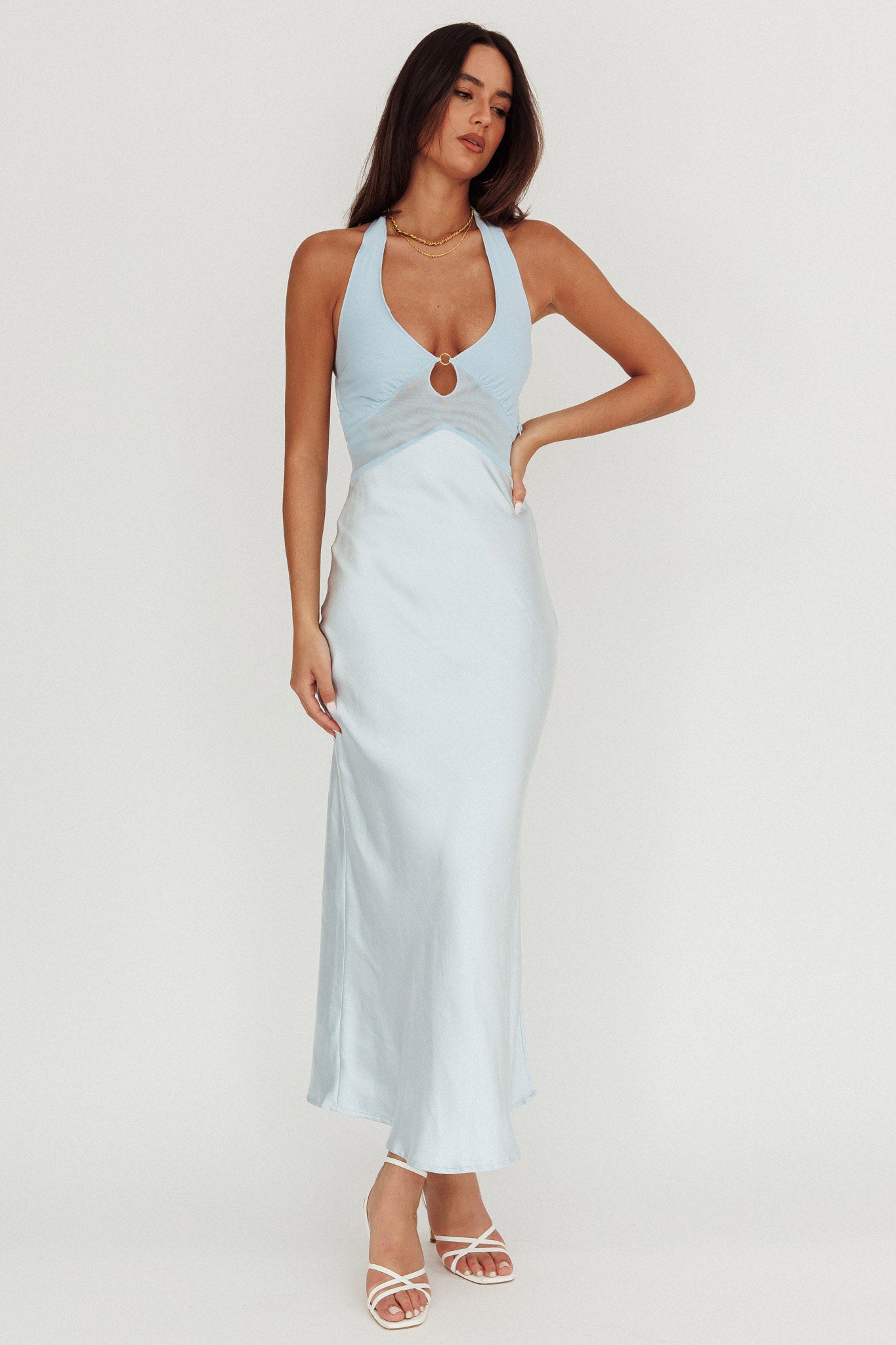 Jaila Mesh Bodice Halter Maxi Dress Baby Blue by Selfie Leslie Australia