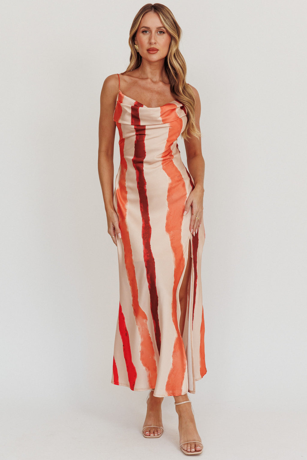 Blondine Cowl Bust Split Maxi Dress Peach by Selfie Leslie Australia