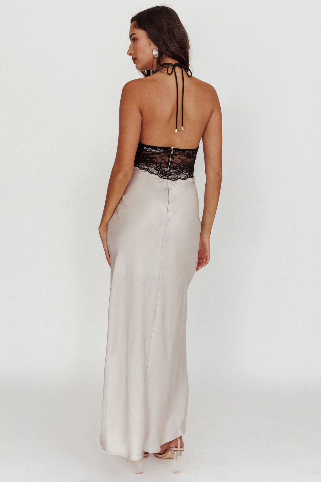 Rarity Satin Lace Halterneck Maxi Dress Champagne by Selfie Leslie Australia