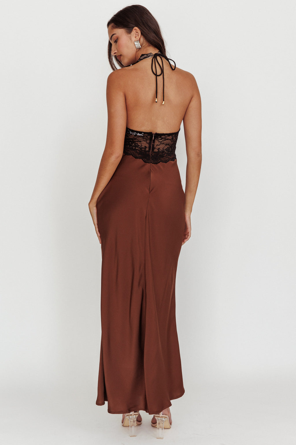 Rarity Satin Lace Halterneck Maxi Dress Coffee by Selfie Leslie Australia