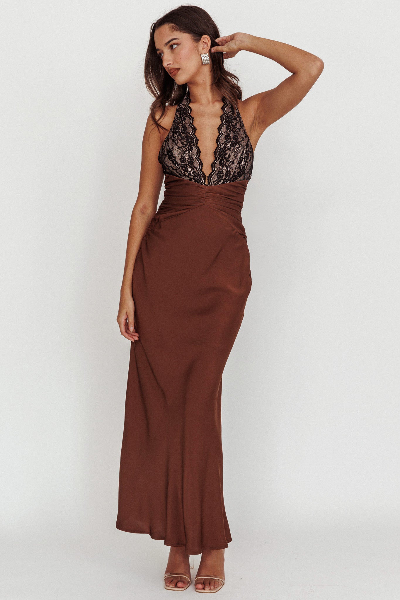 Rarity Satin Lace Halterneck Maxi Dress Coffee by Selfie Leslie Australia