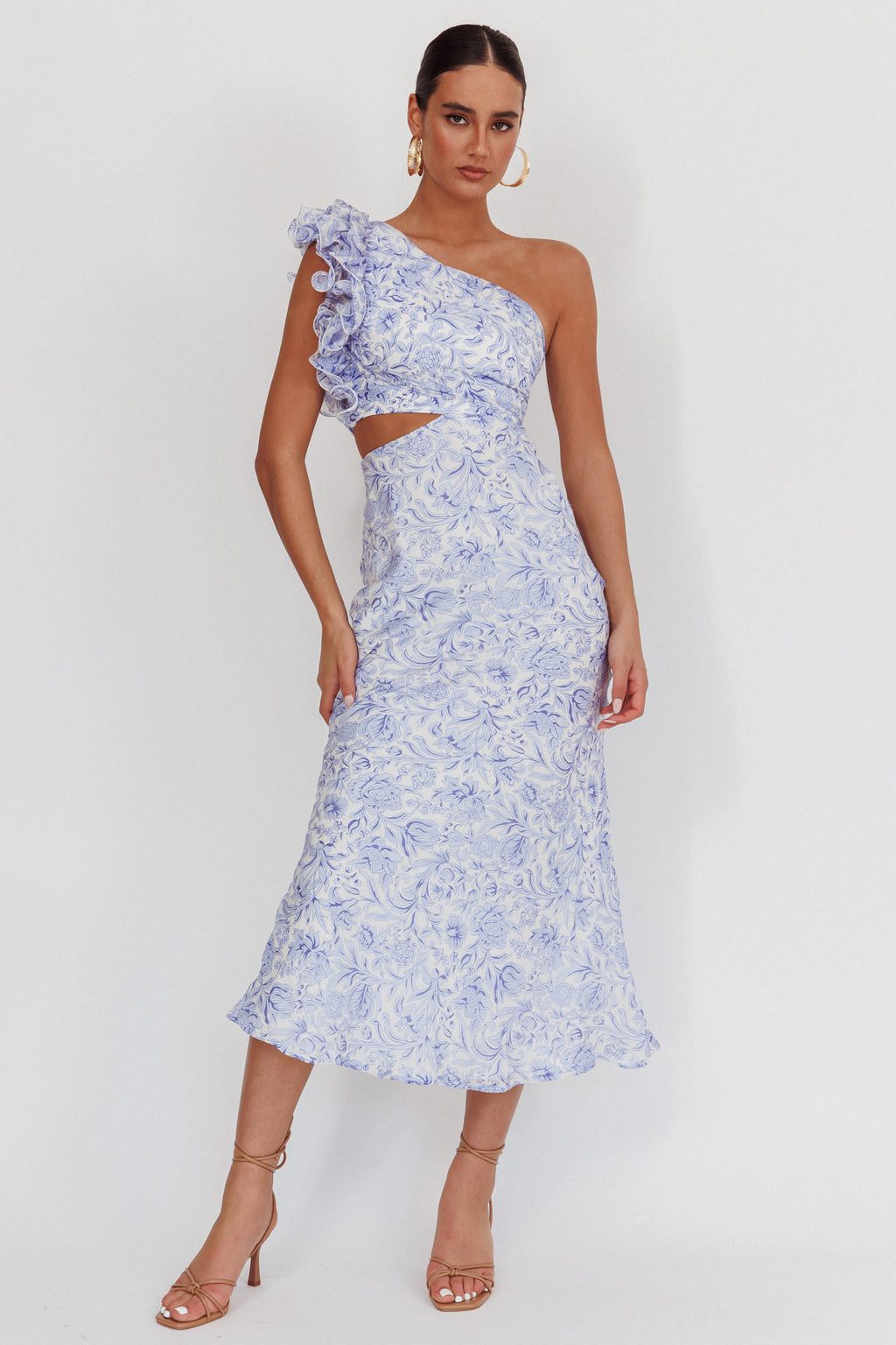 Deanna One-Shoulder Ruffle Midi Dress Floral Blue by Selfie Leslie Australia