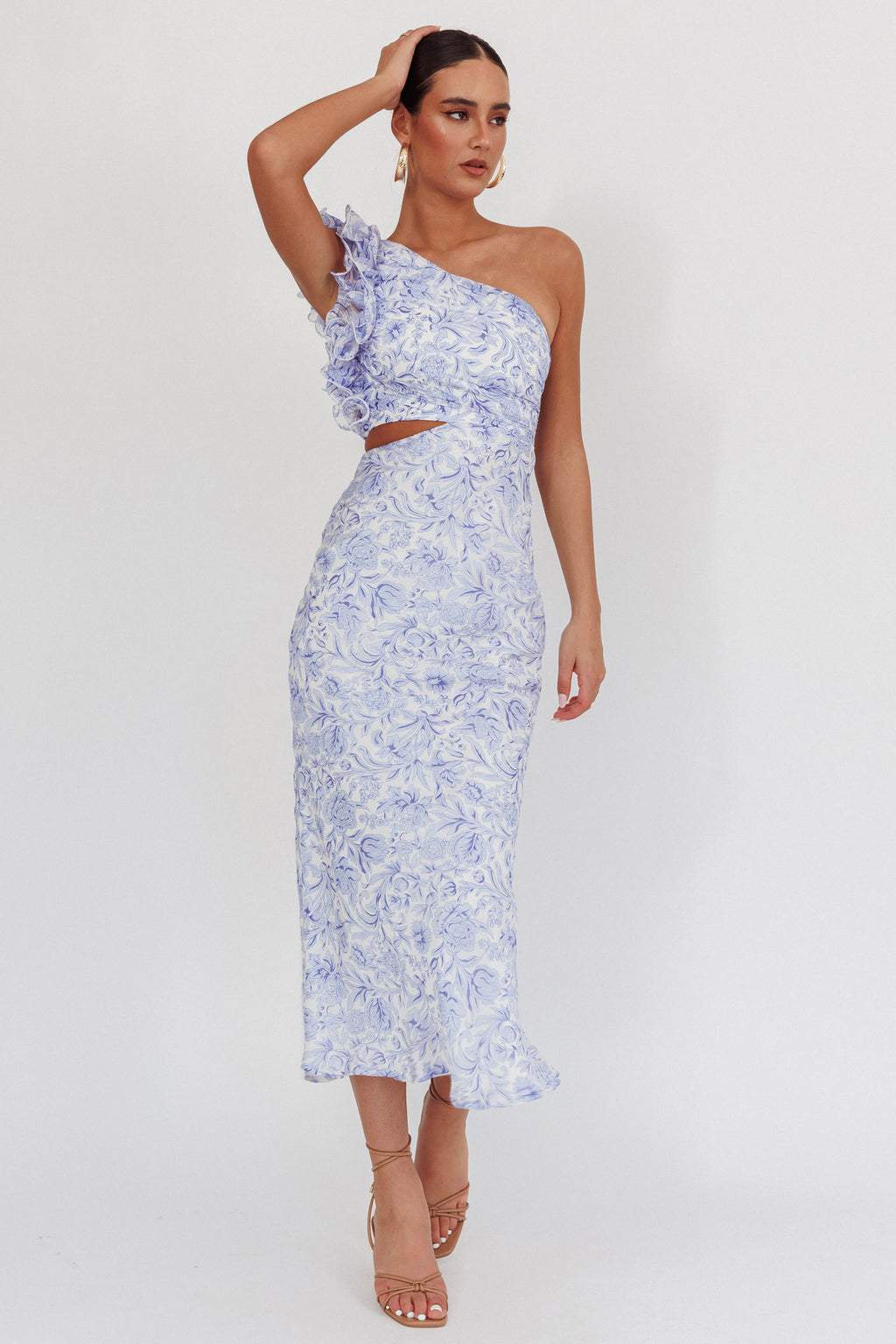Deanna One-Shoulder Ruffle Midi Dress Floral Blue by Selfie Leslie Australia