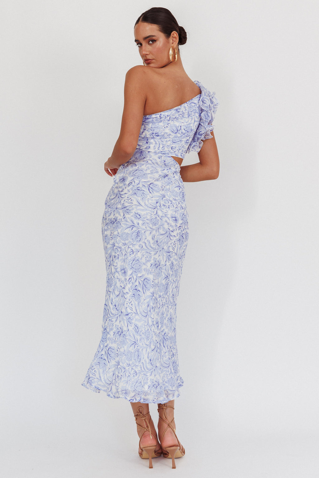 Deanna One-Shoulder Ruffle Midi Dress Floral Blue by Selfie Leslie Australia