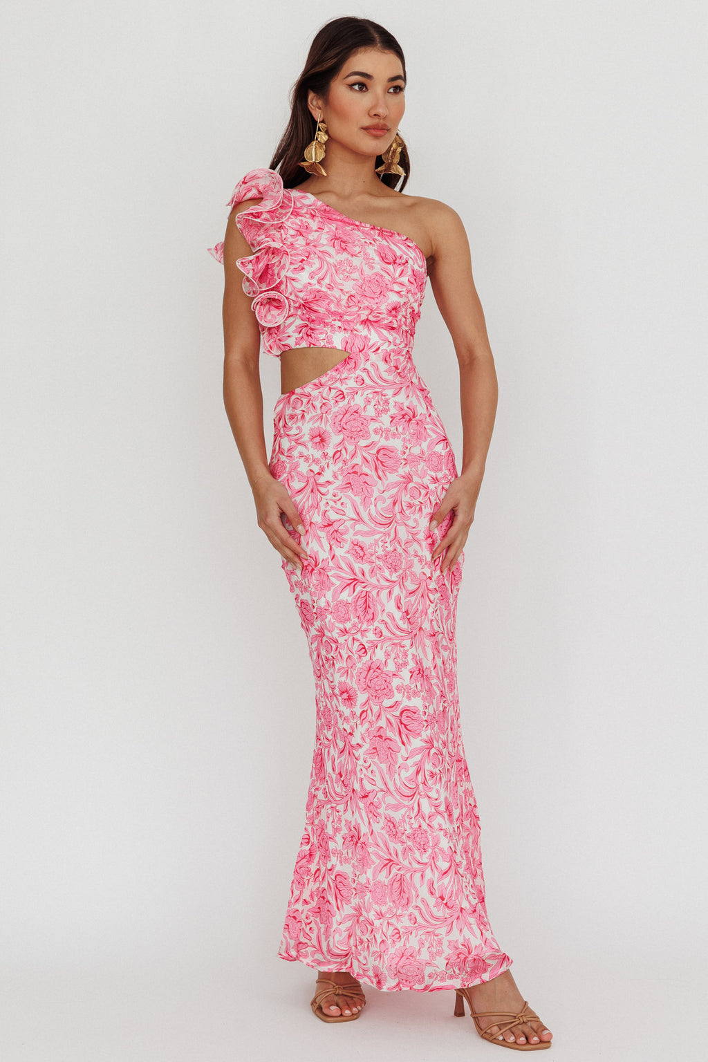 Deanna One-Shoulder Ruffle Midi Dress Floral Pink by Selfie Leslie Australia