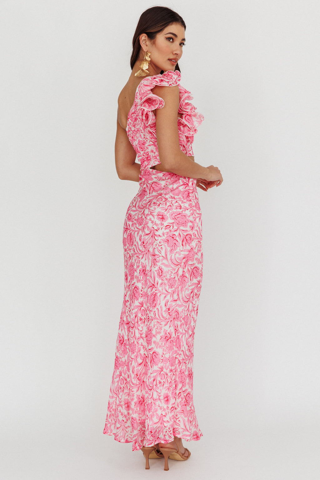 Deanna One-Shoulder Ruffle Midi Dress Floral Pink by Selfie Leslie Australia