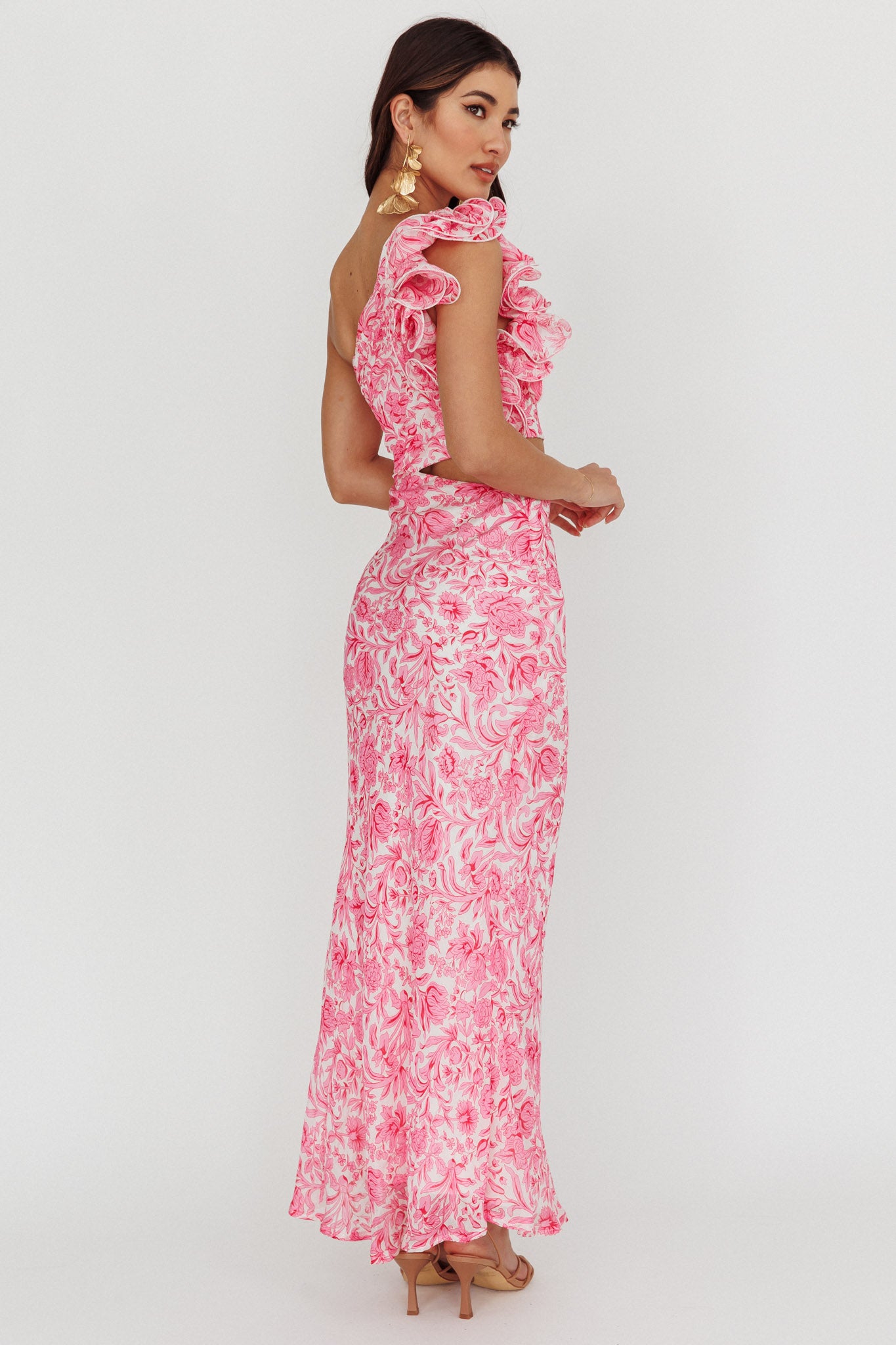 Deanna One-Shoulder Ruffle Midi Dress Floral Pink by Selfie Leslie Australia