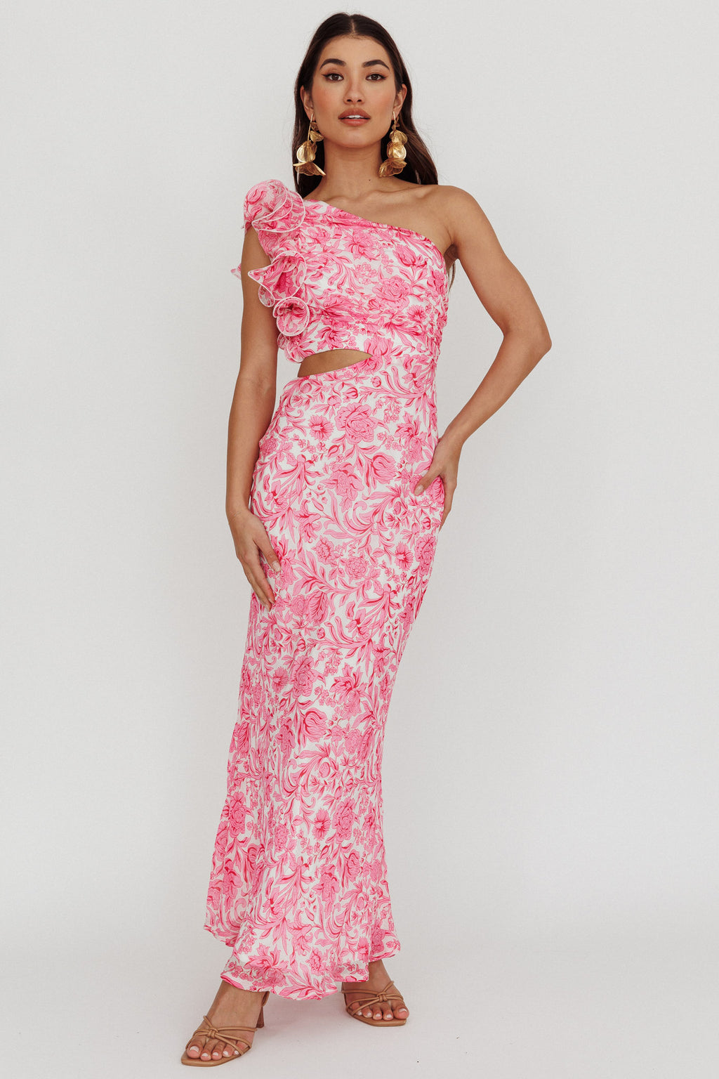 Deanna One-Shoulder Ruffle Midi Dress Floral Pink by Selfie Leslie Australia