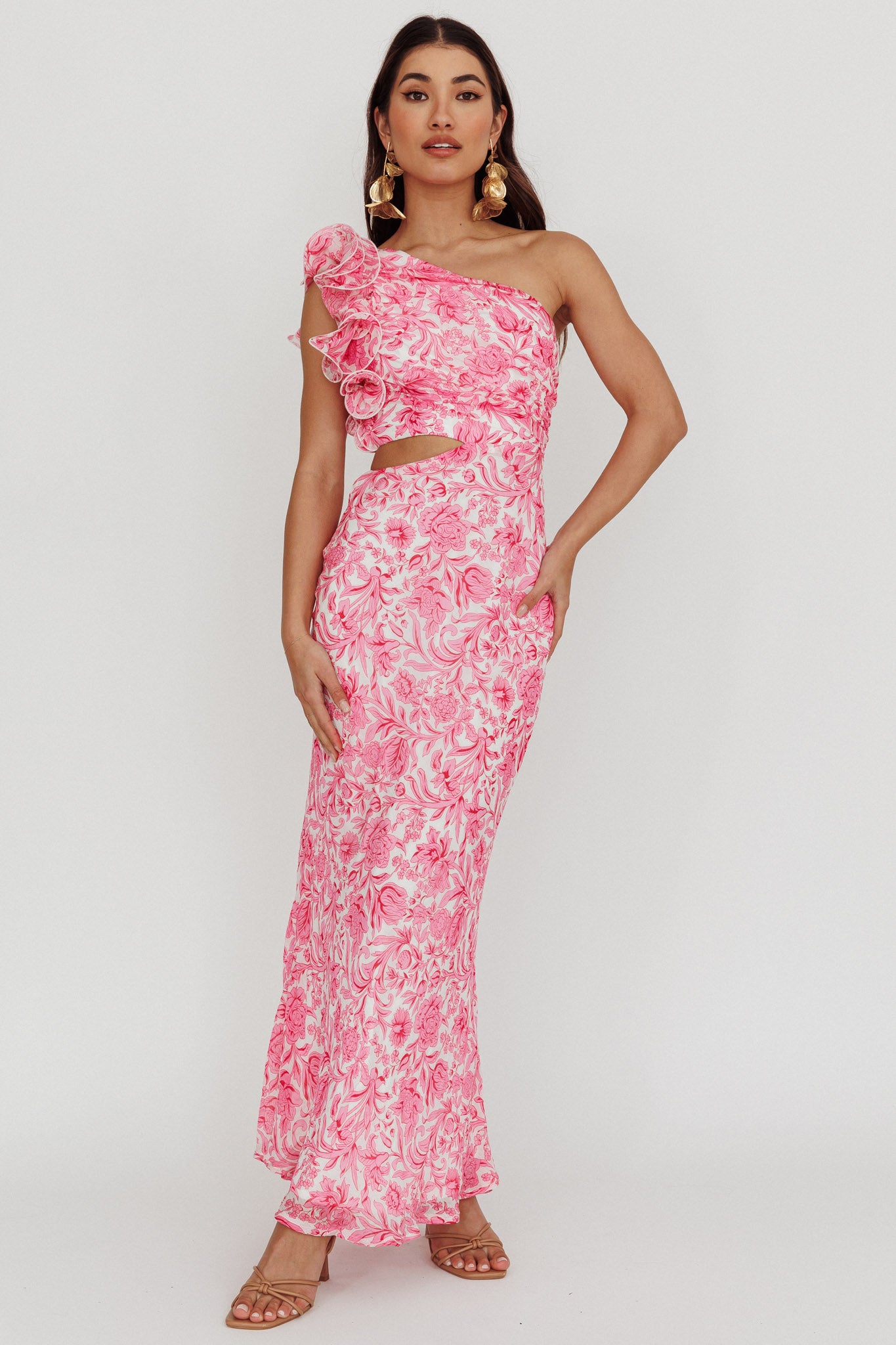 Deanna One-Shoulder Ruffle Midi Dress Floral Pink by Selfie Leslie Australia