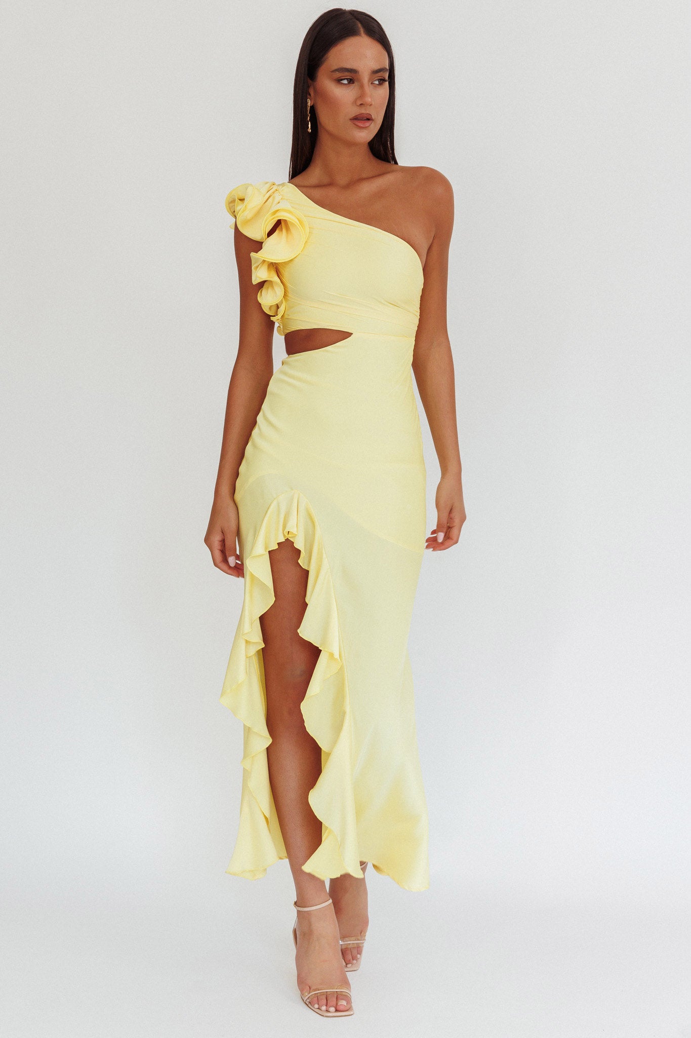 Deanna One-Shoulder Split Maxi Dress Yellow by Selfie Leslie Australia